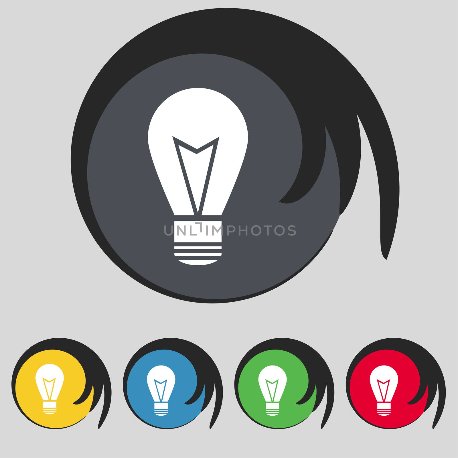 Light lamp sign icon. Idea symbol. Lightis on. Set of colored buttons. illustration