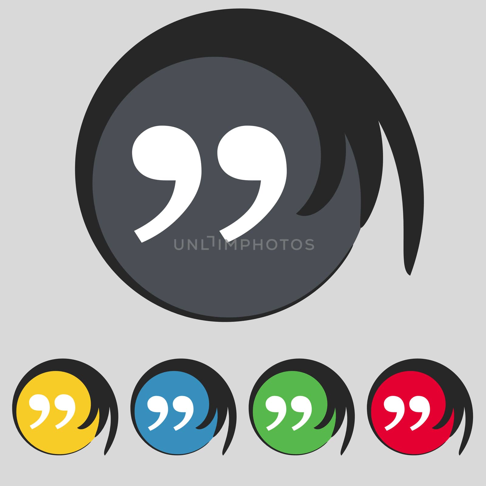 Double quotes at the end of words icon sign. Symbol on five colored buttons. illustration