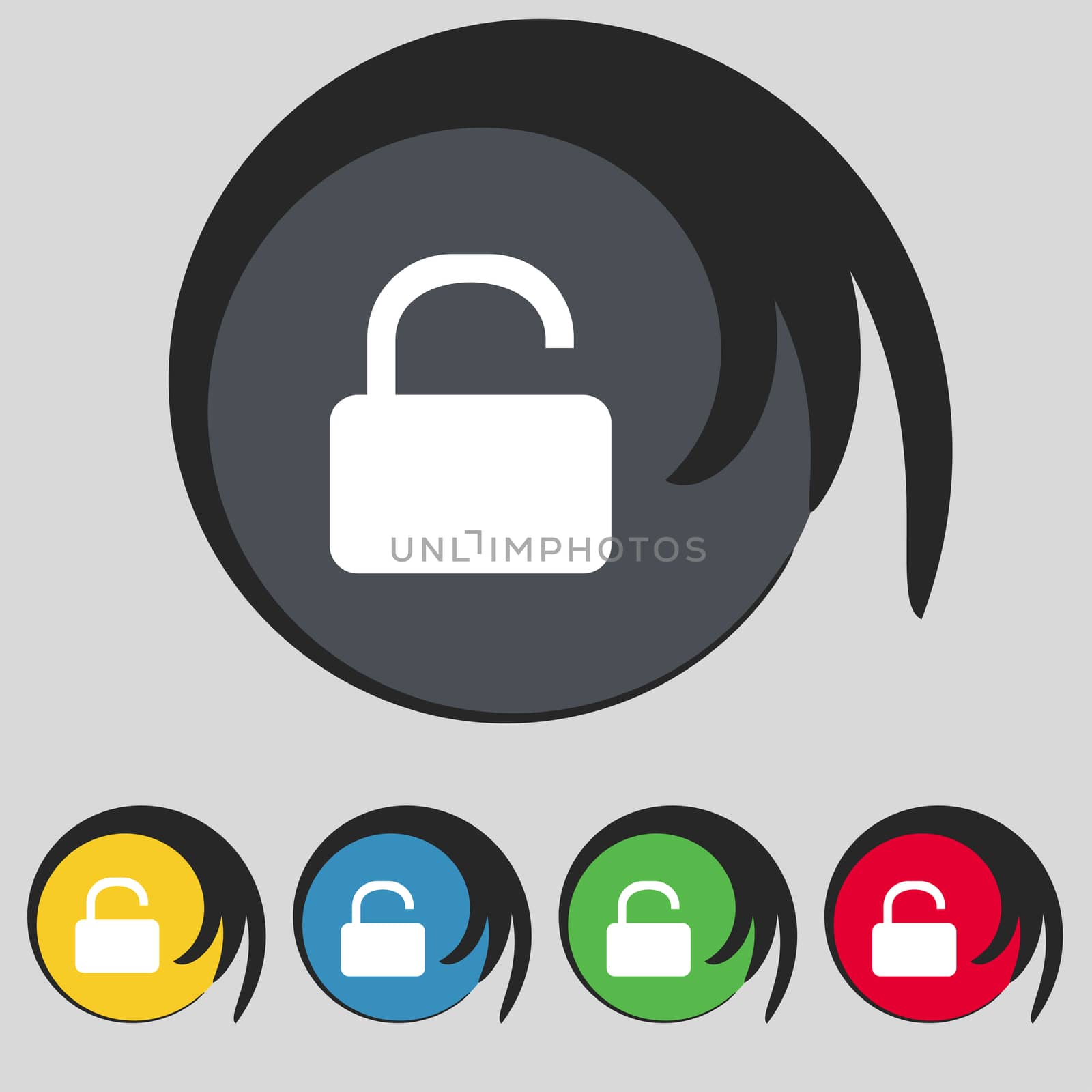 Open Padlock icon sign. Symbol on five colored buttons.  by serhii_lohvyniuk