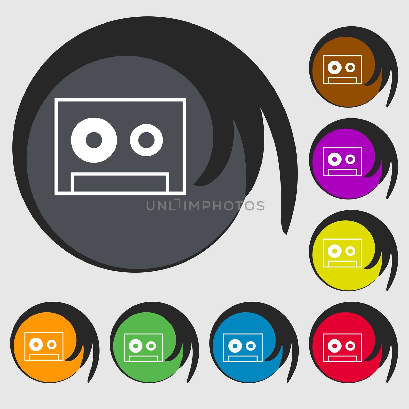 cassette sign icon. Audiocassette symbol. Symbols on eight colored buttons.  by serhii_lohvyniuk