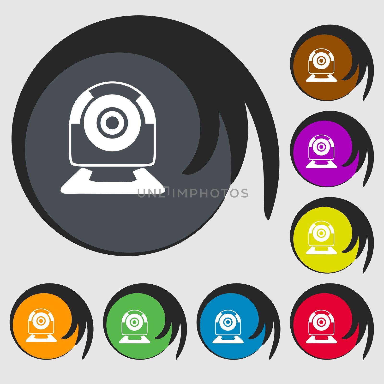 Webcam sign icon. Web video chat symbol. Camera chat. Symbols on eight colored buttons.  by serhii_lohvyniuk