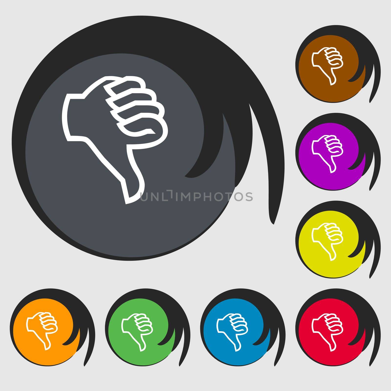 Dislike sign icon. Thumb down sign. Hand finger down symbol. Symbols on eight colored buttons. illustration
