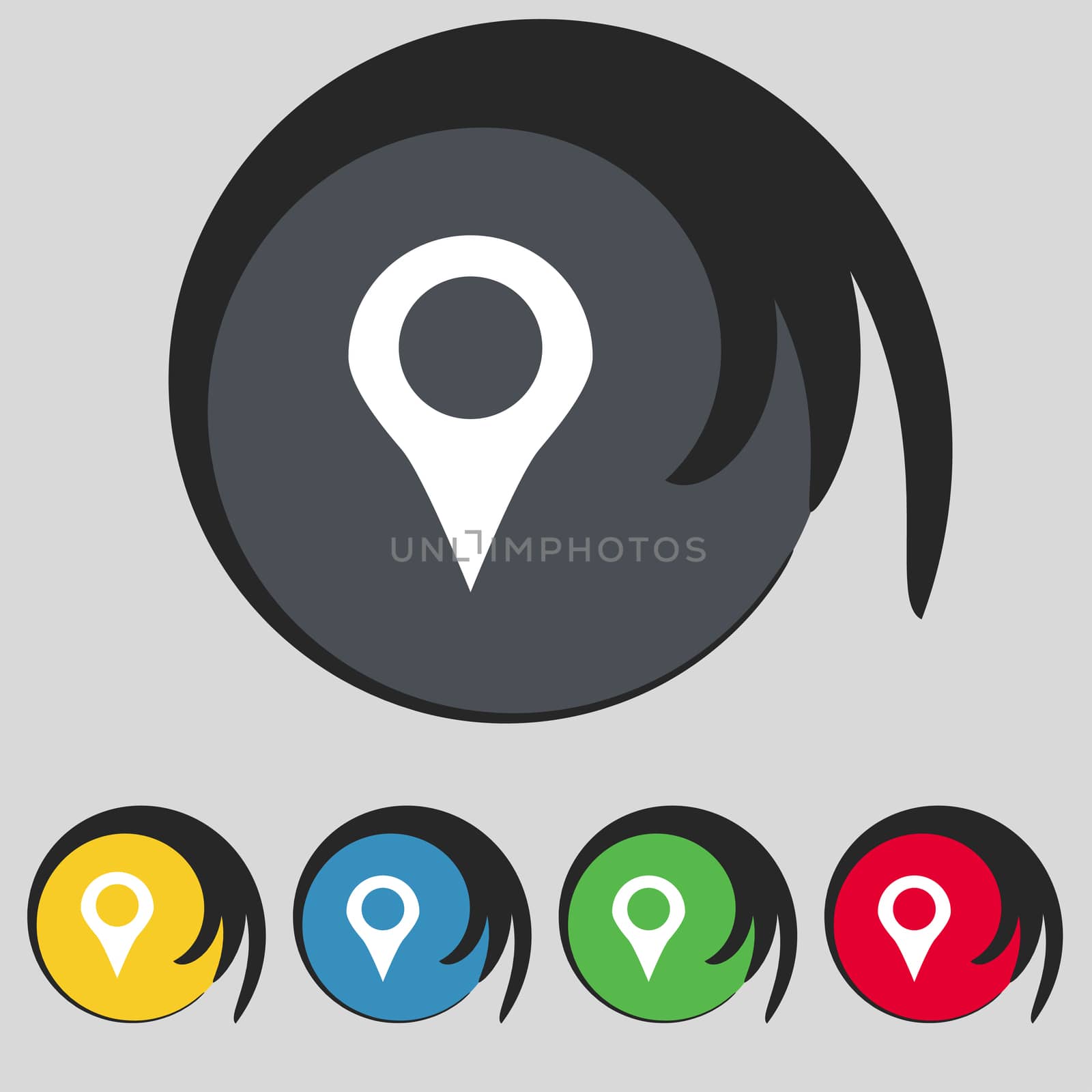 Map pointer, GPS location icon sign. Symbol on five colored buttons. illustration