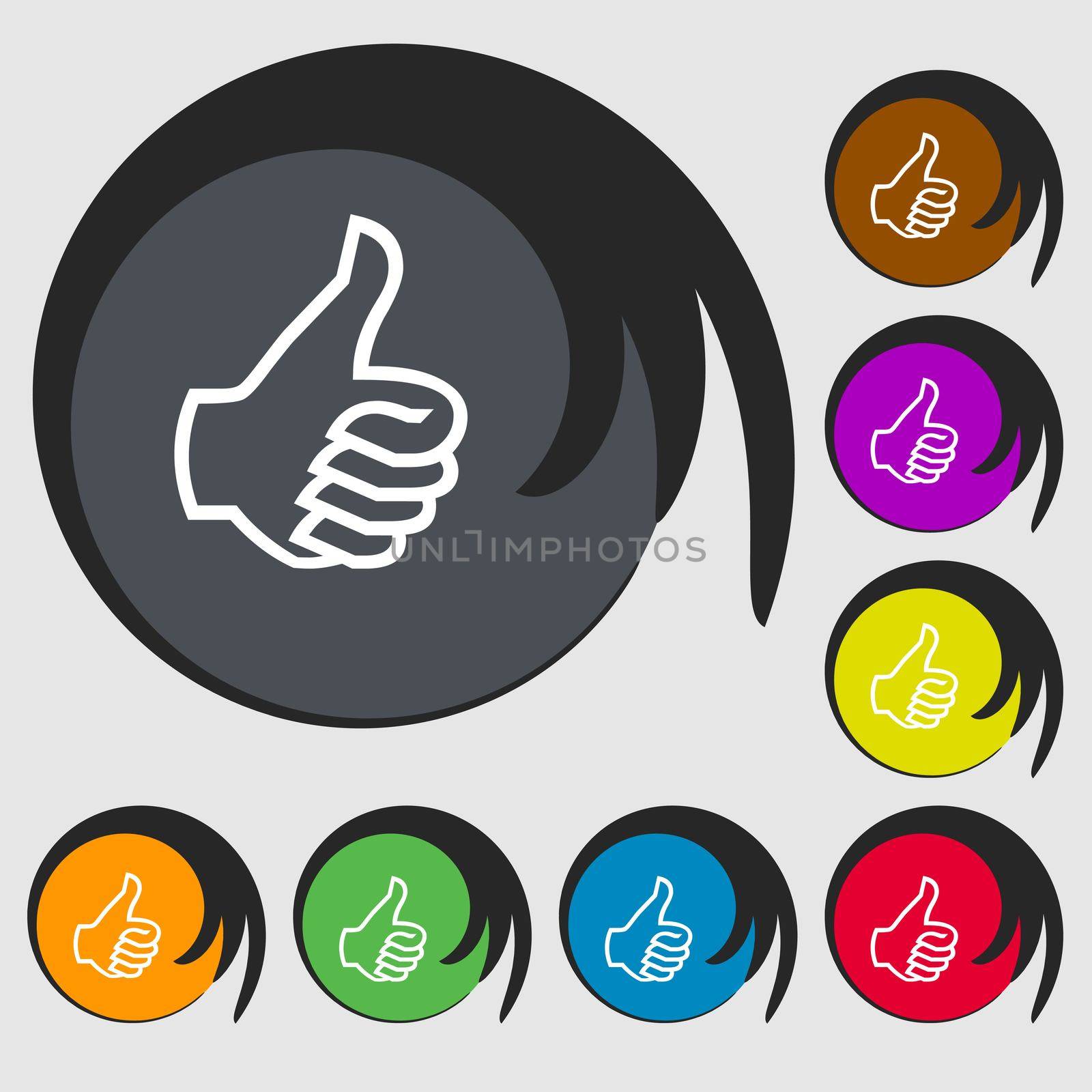 Like sign icon. Thumb up sign. Hand finger up. Symbols on eight colored buttons. illustration
