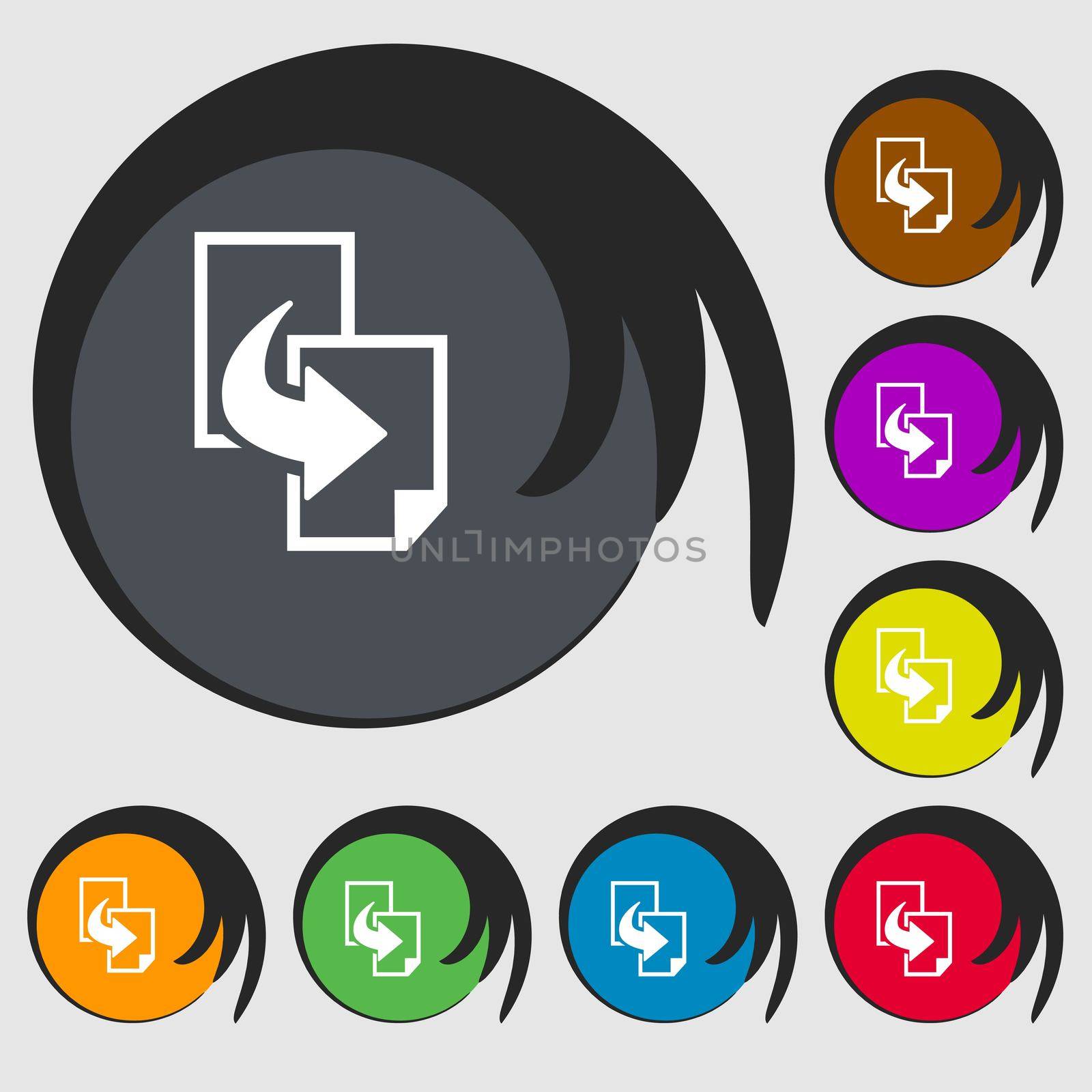 Copy file sign icon. Duplicate document symbol. Symbols on eight colored buttons. illustration
