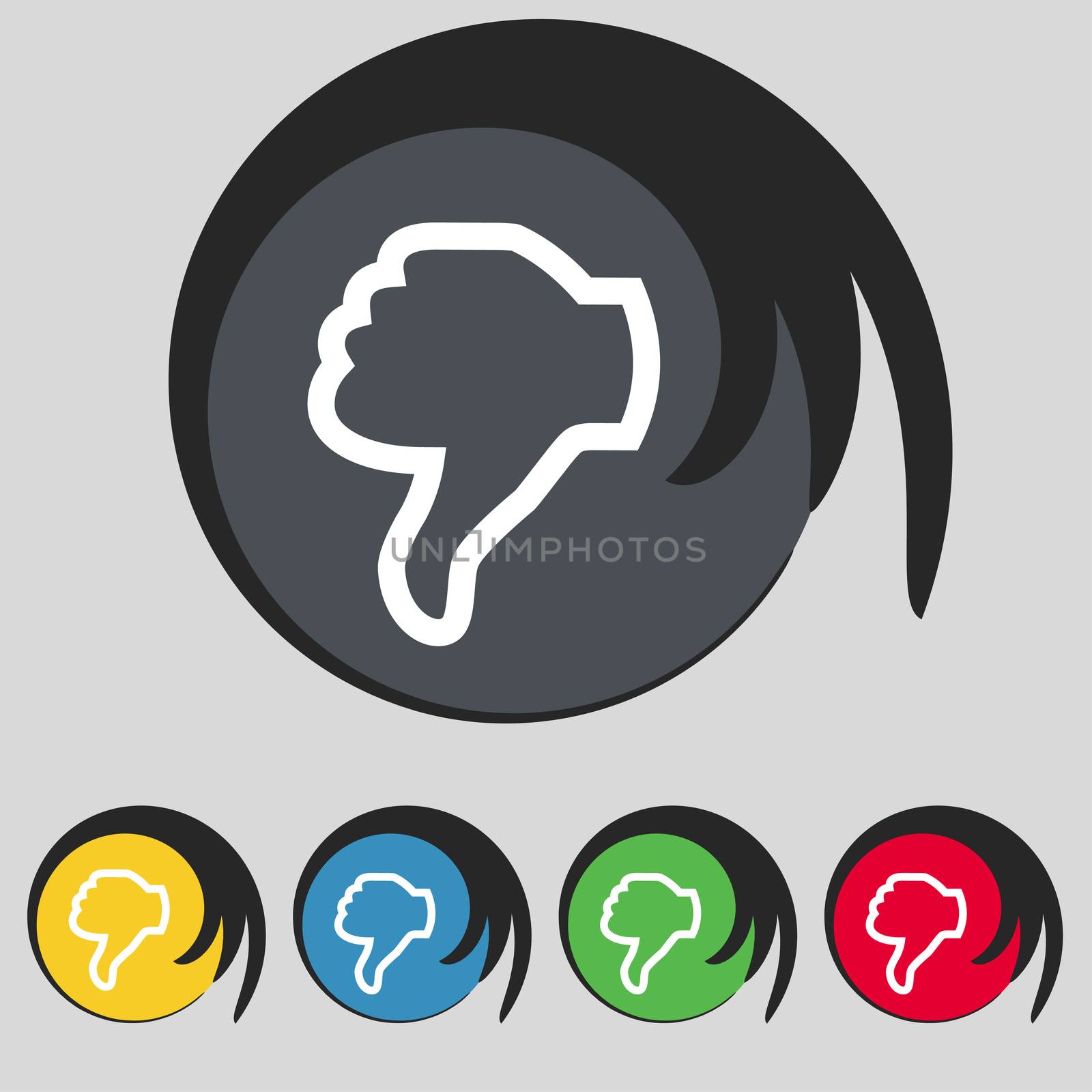Dislike sign icon. Thumb down sign. Hand finger down symbol. Set of colored buttons. illustration