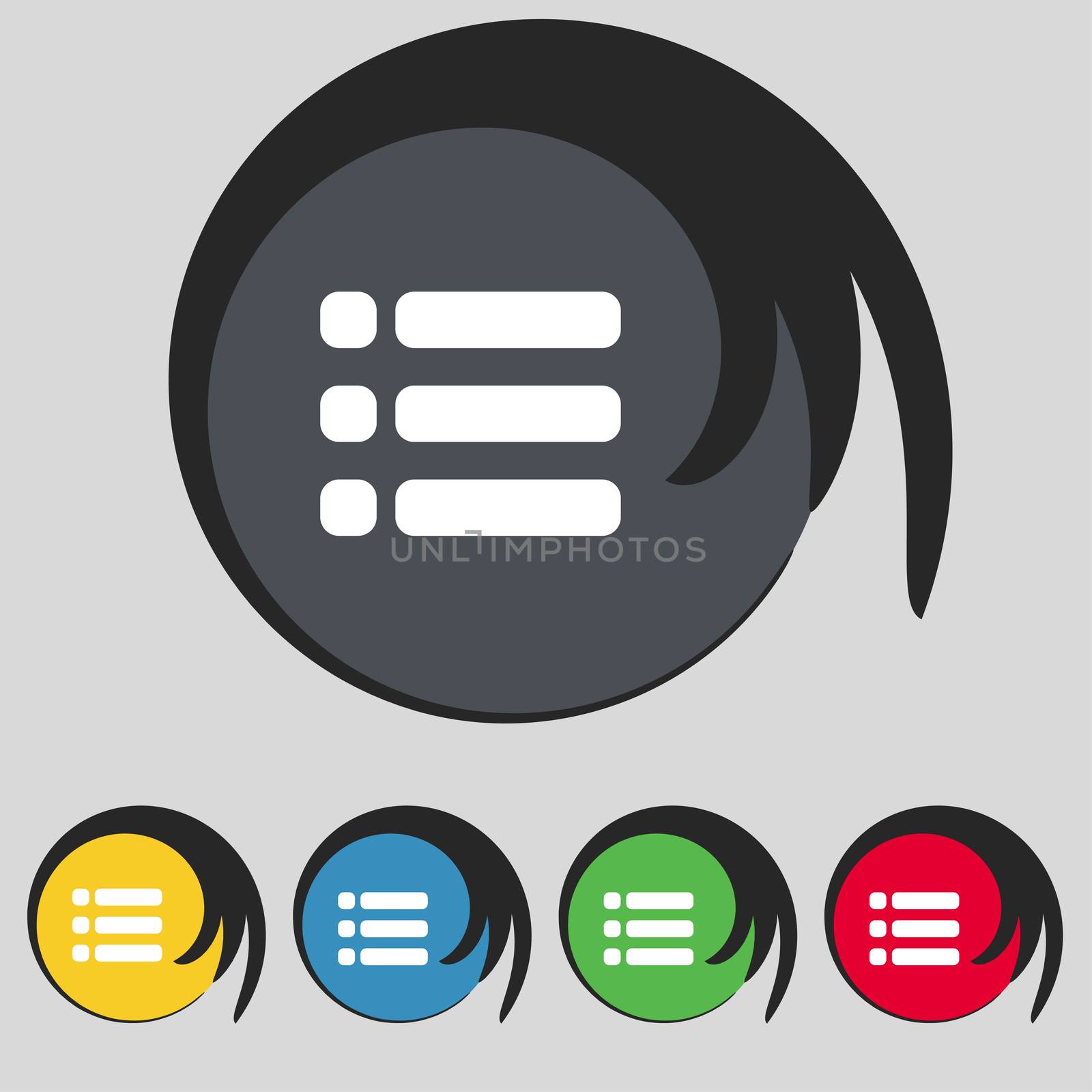 List menu, Content view options icon sign. Symbol on five colored buttons.  by serhii_lohvyniuk