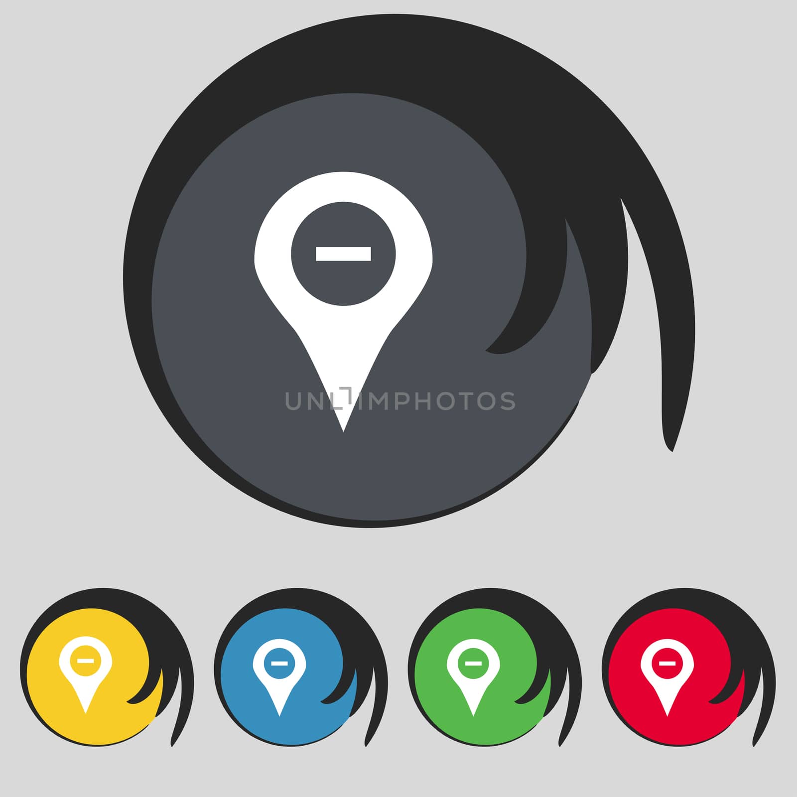 Minus Map pointer, GPS location icon sign. Symbol on five colored buttons.  by serhii_lohvyniuk