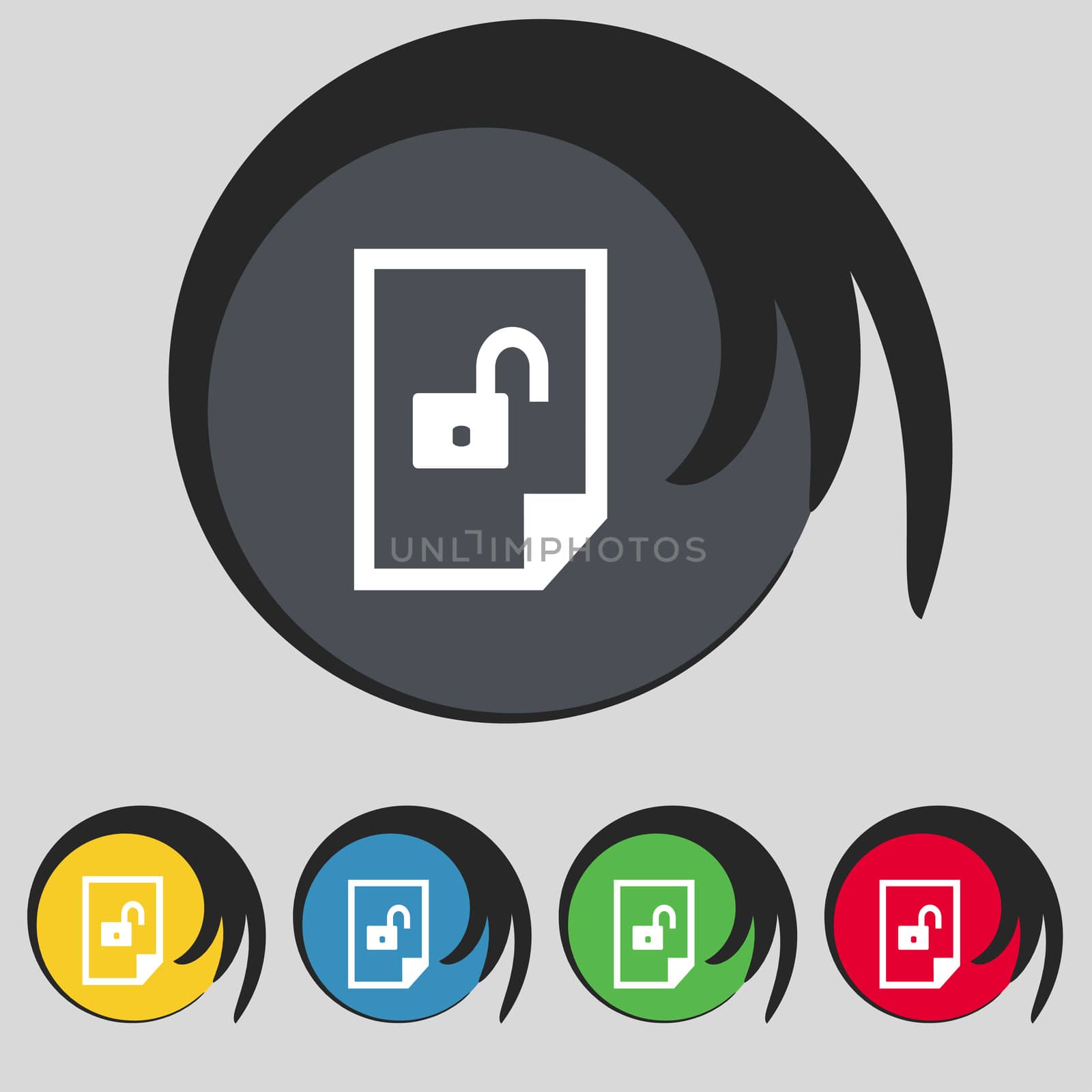 file unlocked icon sign. Set of coloured buttons.  by serhii_lohvyniuk