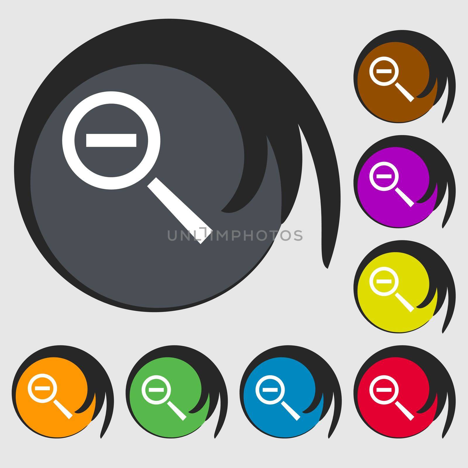 Magnifier glass, Zoom tool icon sign. Symbols on eight colored buttons.  by serhii_lohvyniuk