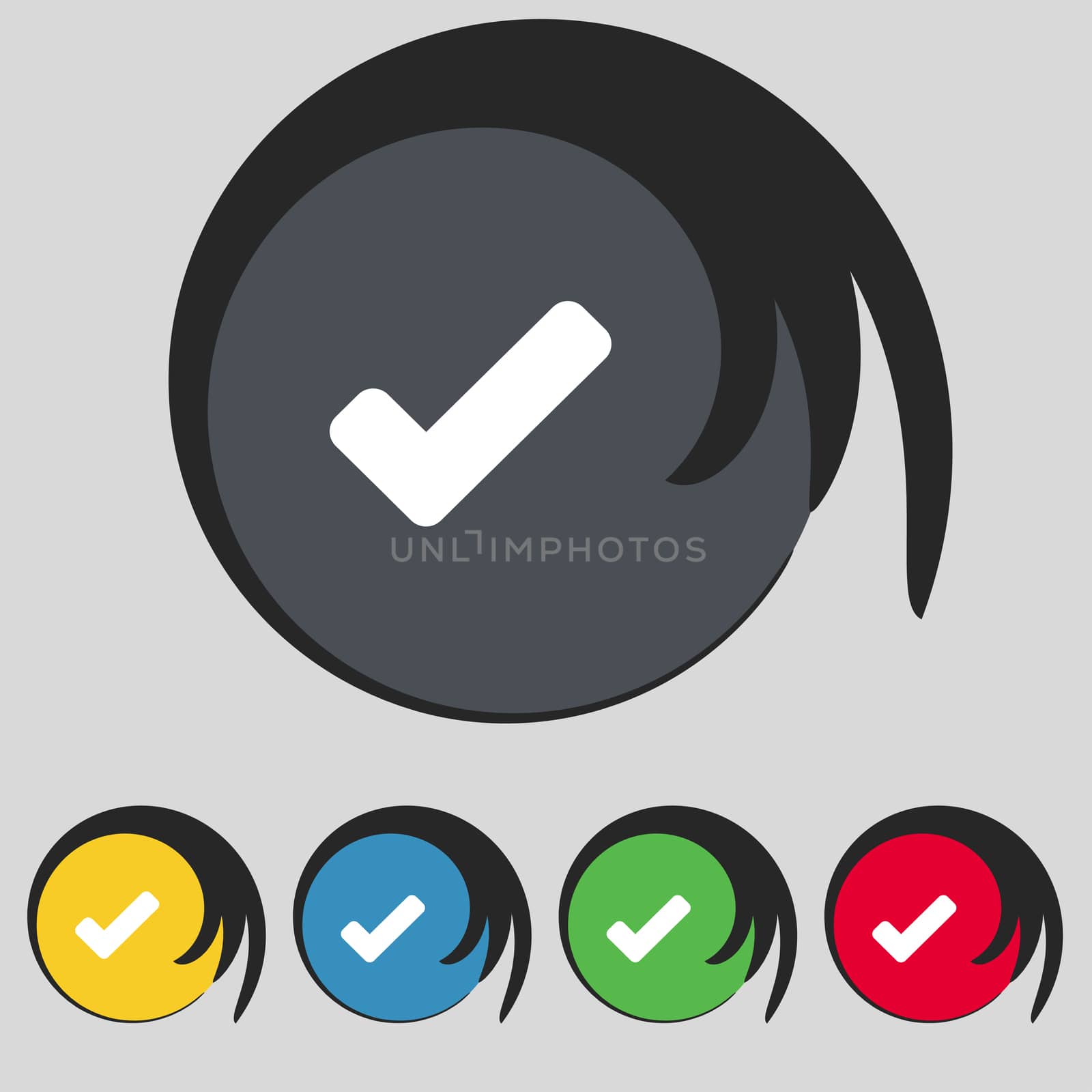 Check mark, tik icon sign. Symbol on five colored buttons.  by serhii_lohvyniuk