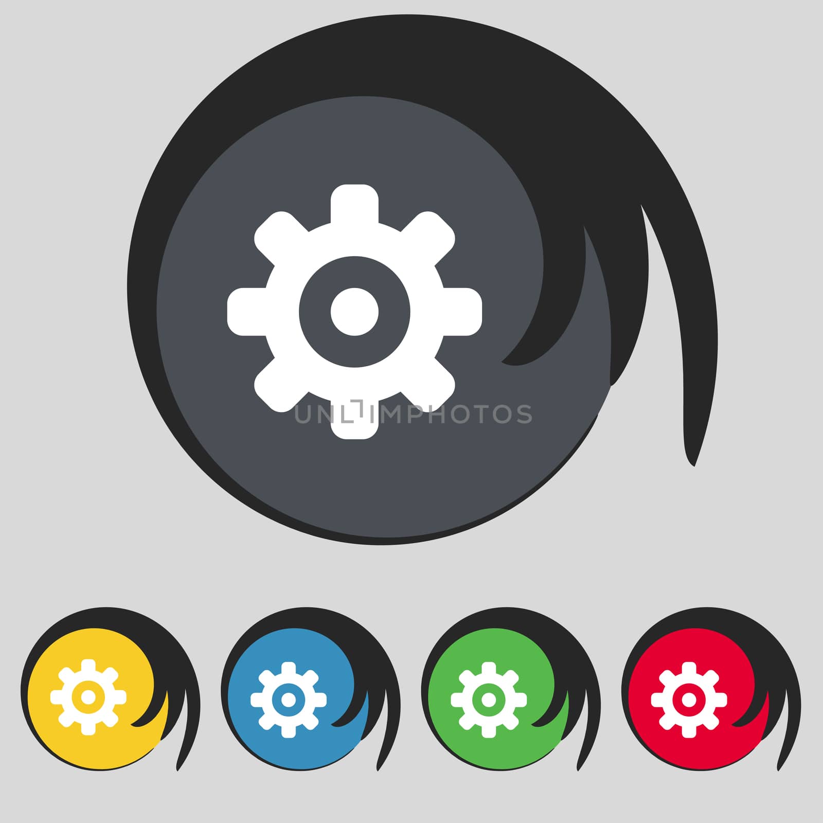 Cog settings, Cogwheel gear mechanism icon sign. Symbol on five colored buttons. illustration