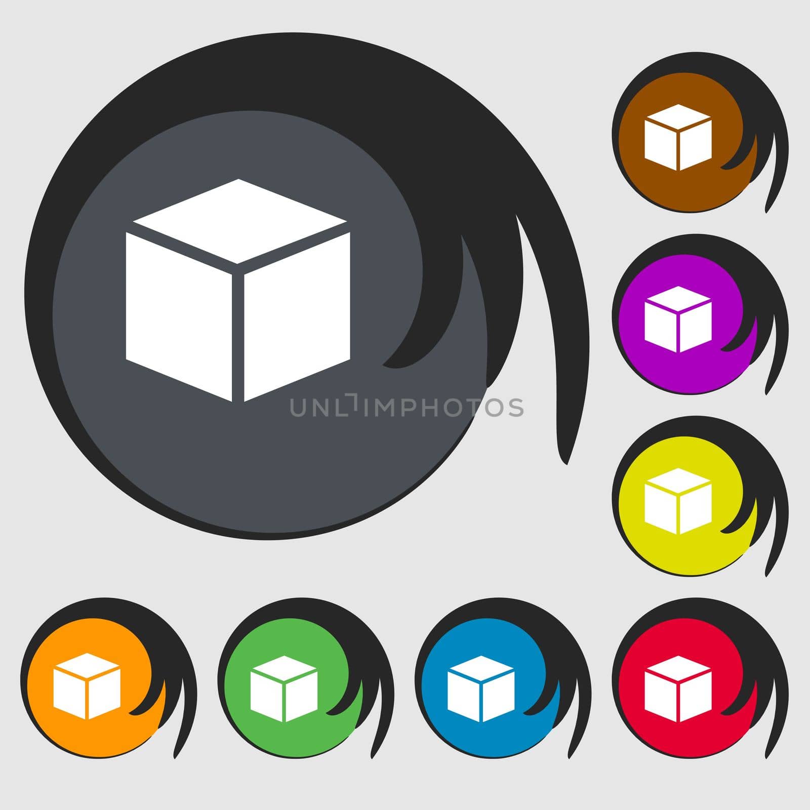 3d cube icon sign. Symbols on eight colored buttons.  by serhii_lohvyniuk