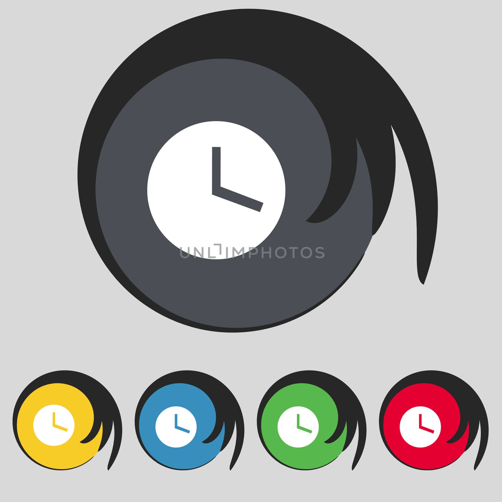 Mechanical Clock icon sign. Symbol on five colored buttons. illustration