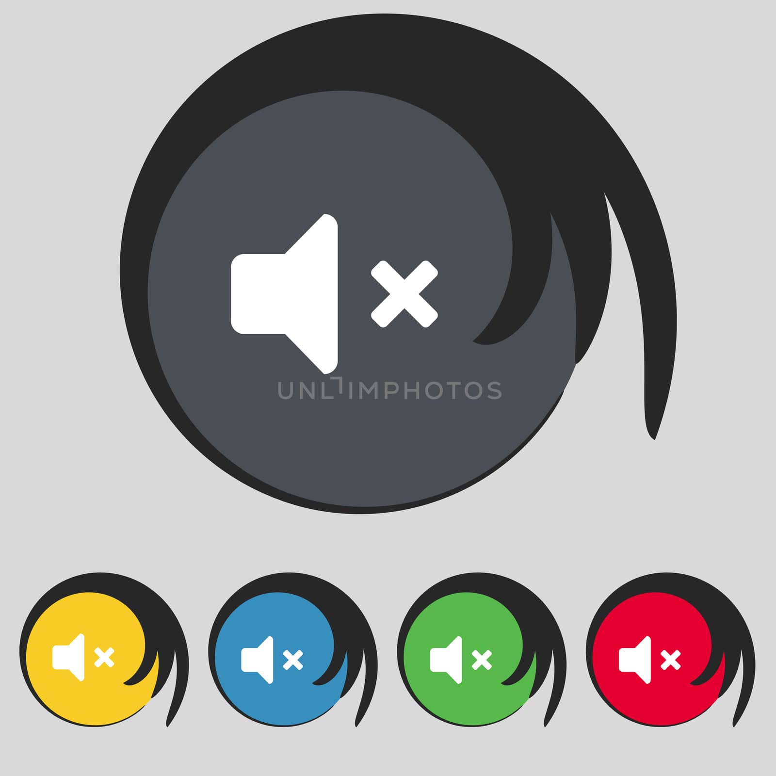 Mute speaker , Sound icon sign. Symbol on five colored buttons.  by serhii_lohvyniuk