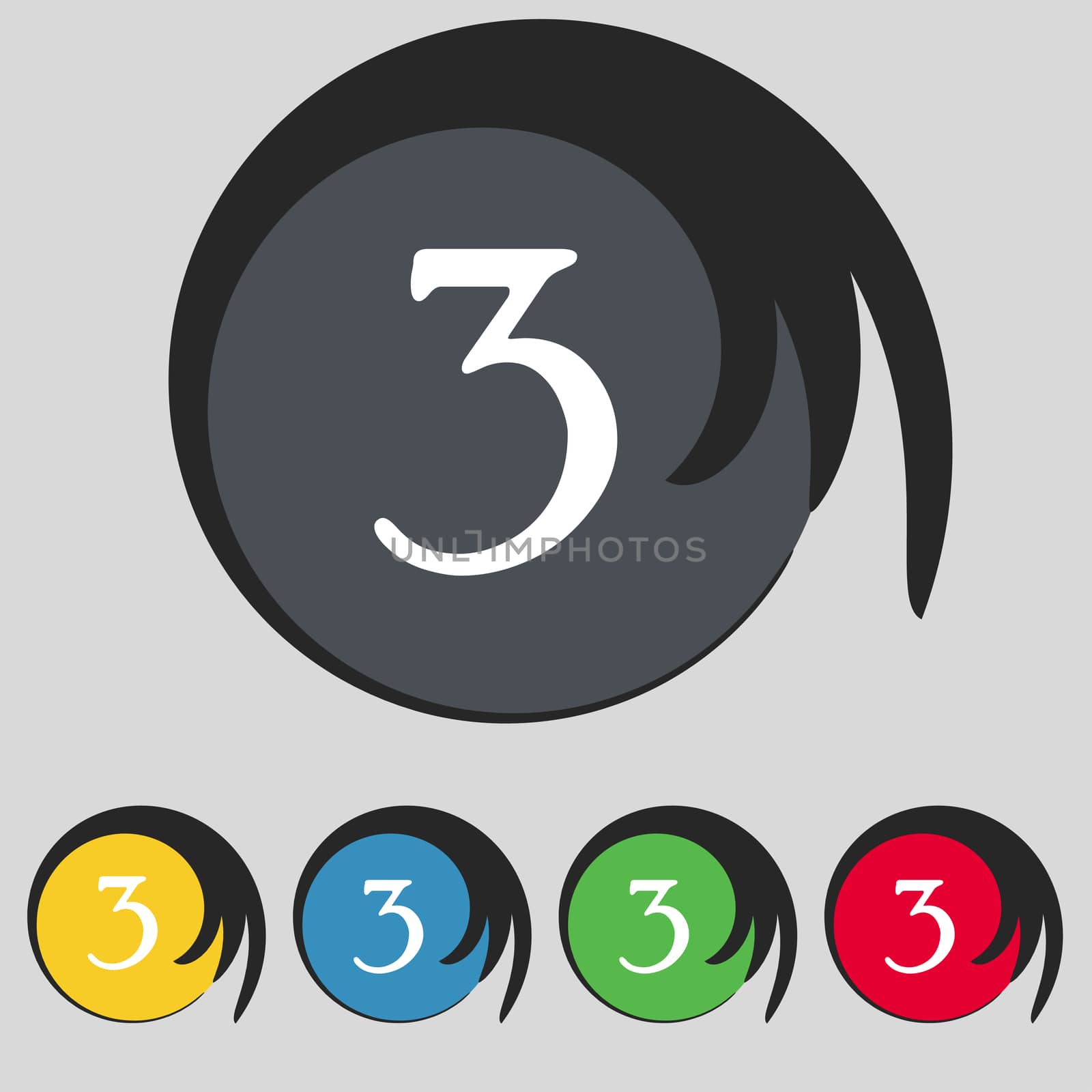 Third place award sign. Winner symbol. Step three. Set of coloured buttons. illustration