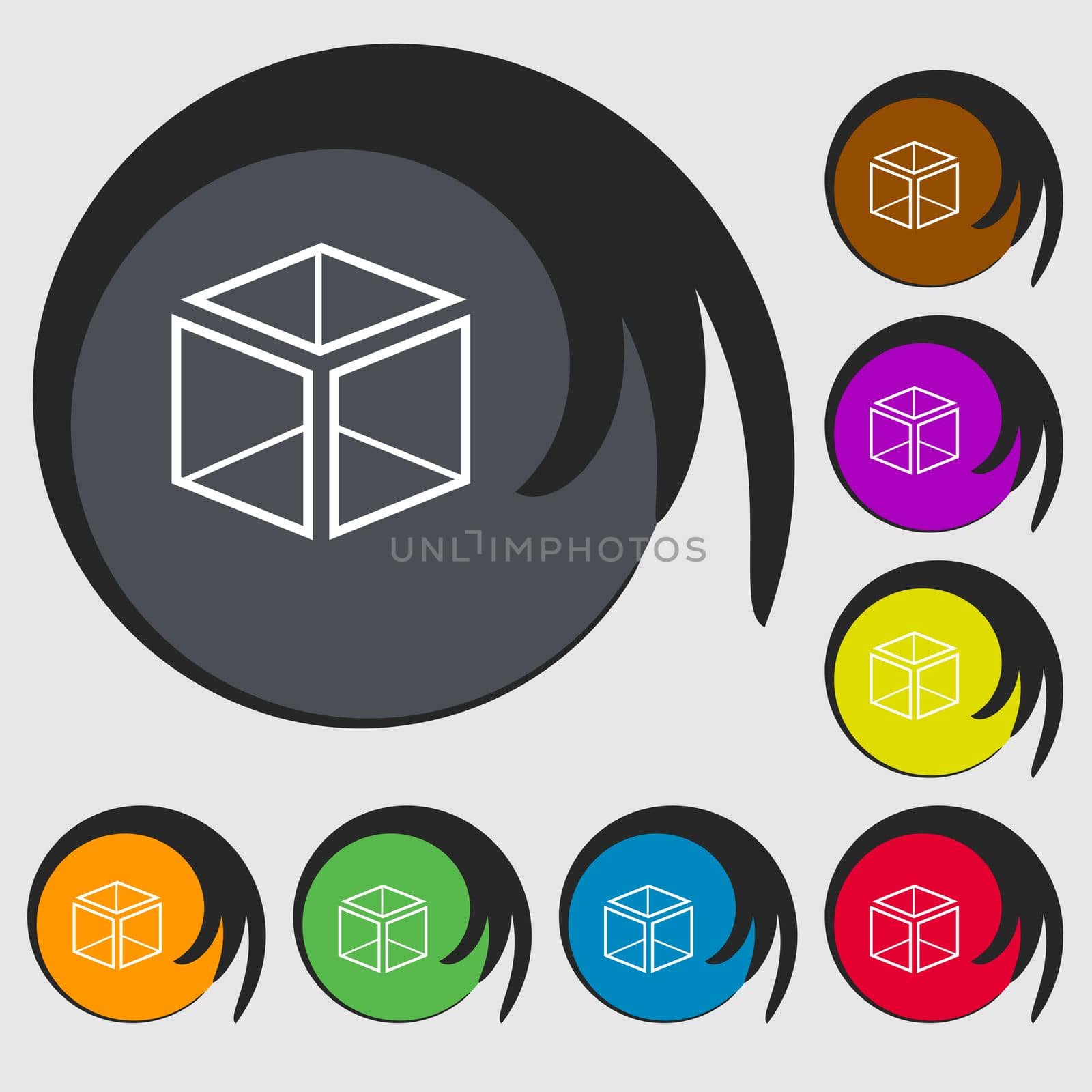 3d cube icon sign. Symbols on eight colored buttons. illustration