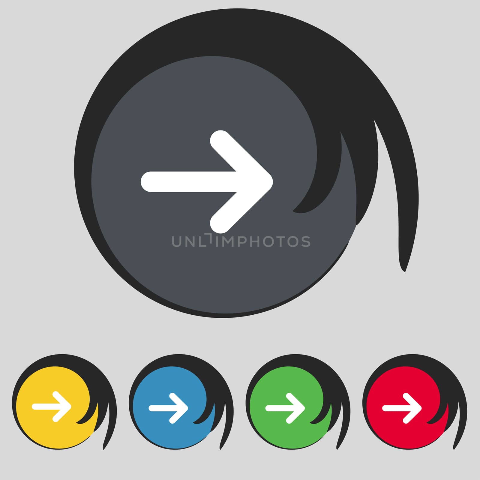 Arrow right, Next icon sign. Symbol on five colored buttons. illustration