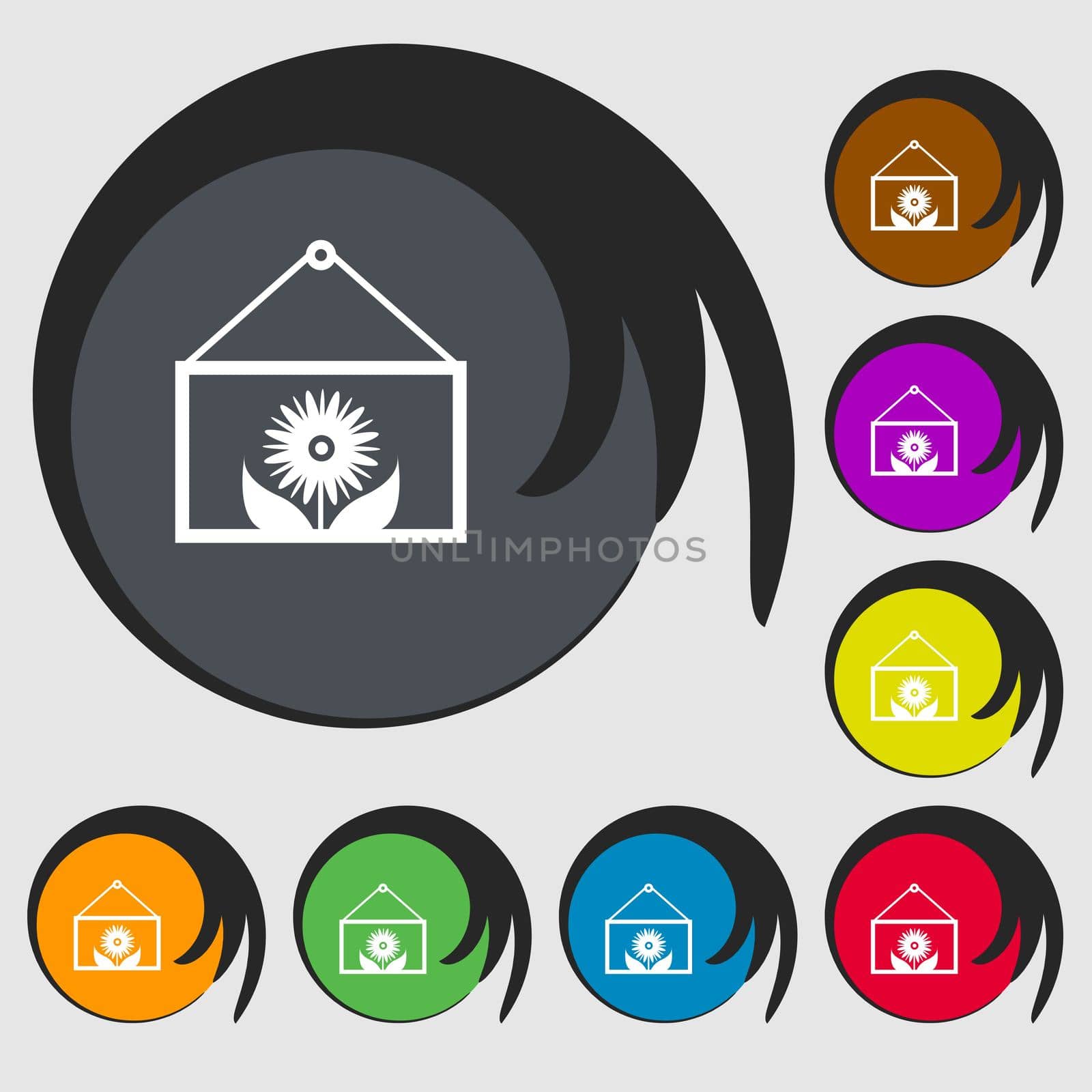 Frame with flower icon sign. Symbols on eight colored buttons. illustration