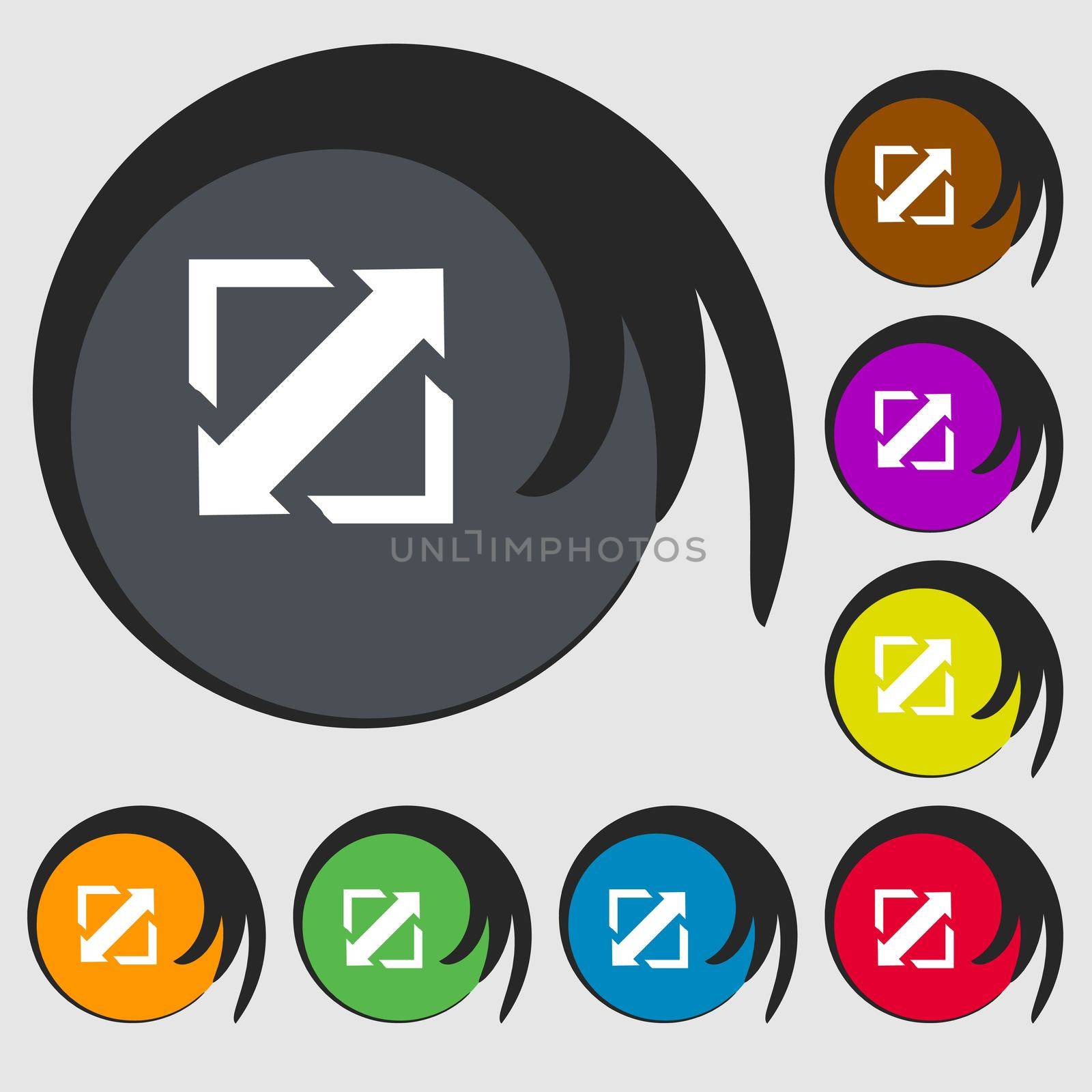 Deploying video, screen size icon sign. Symbols on eight colored buttons.  by serhii_lohvyniuk