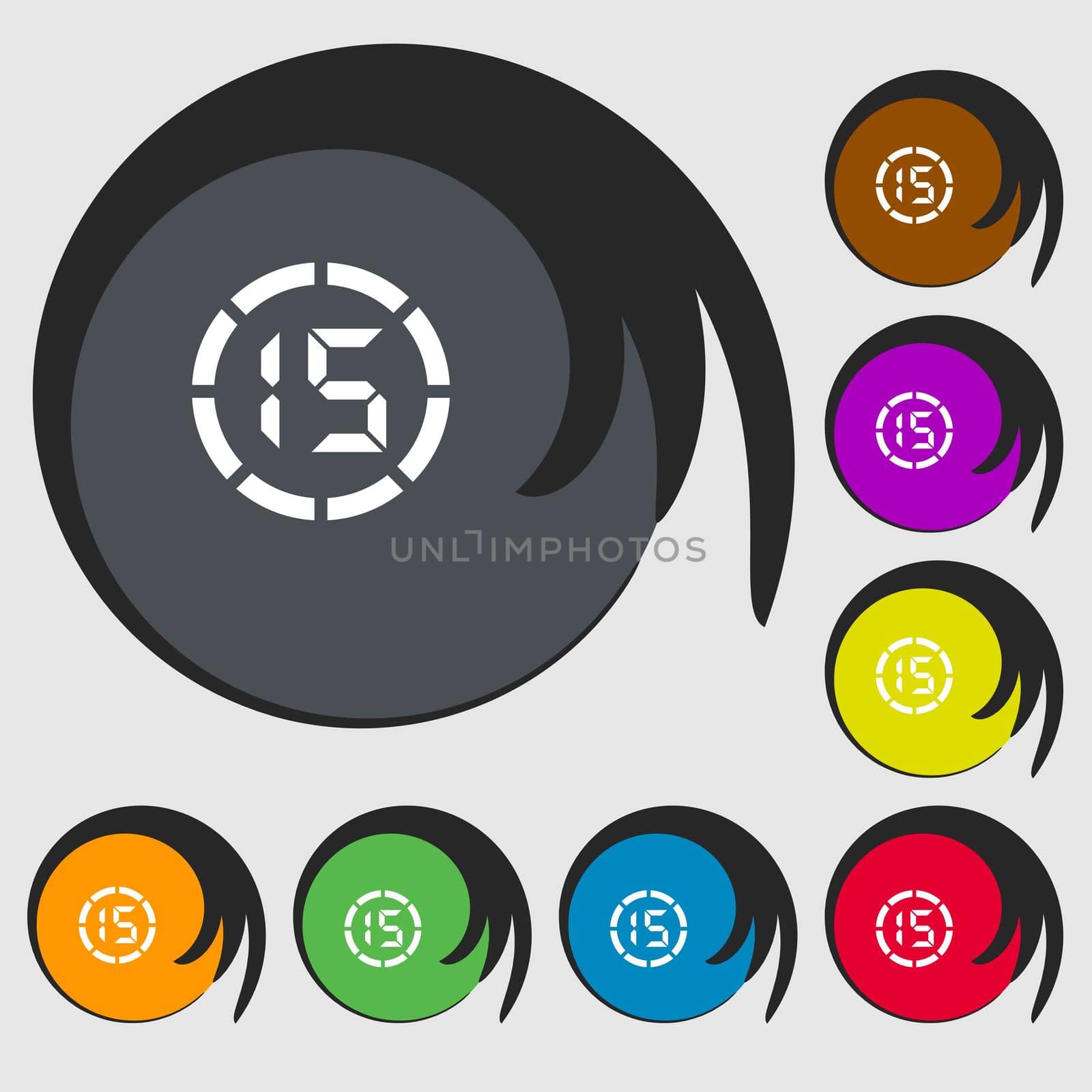 15 second stopwatch icon sign. Symbols on eight colored buttons.  by serhii_lohvyniuk
