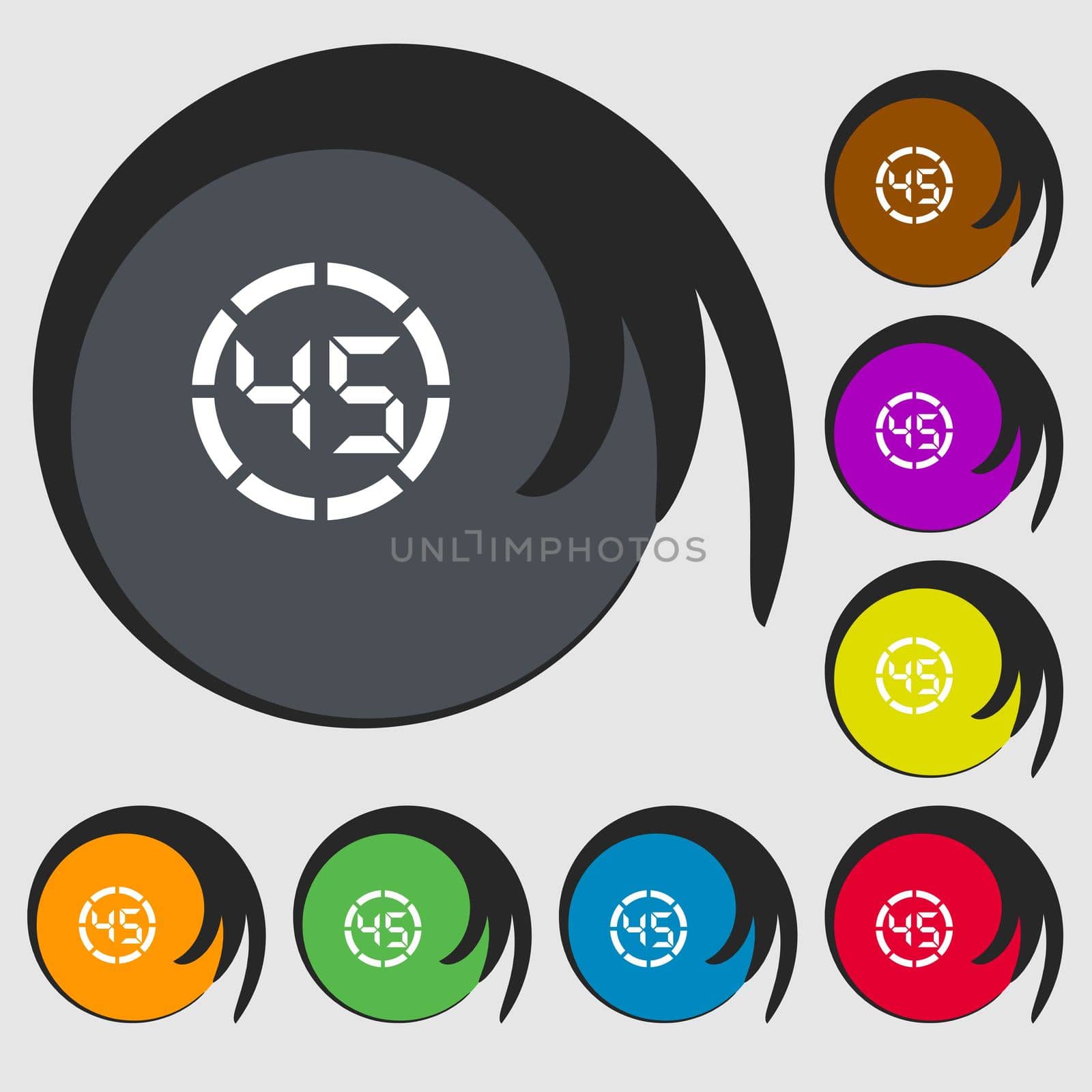 45 second stopwatch icon sign. Symbols on eight colored buttons. illustration