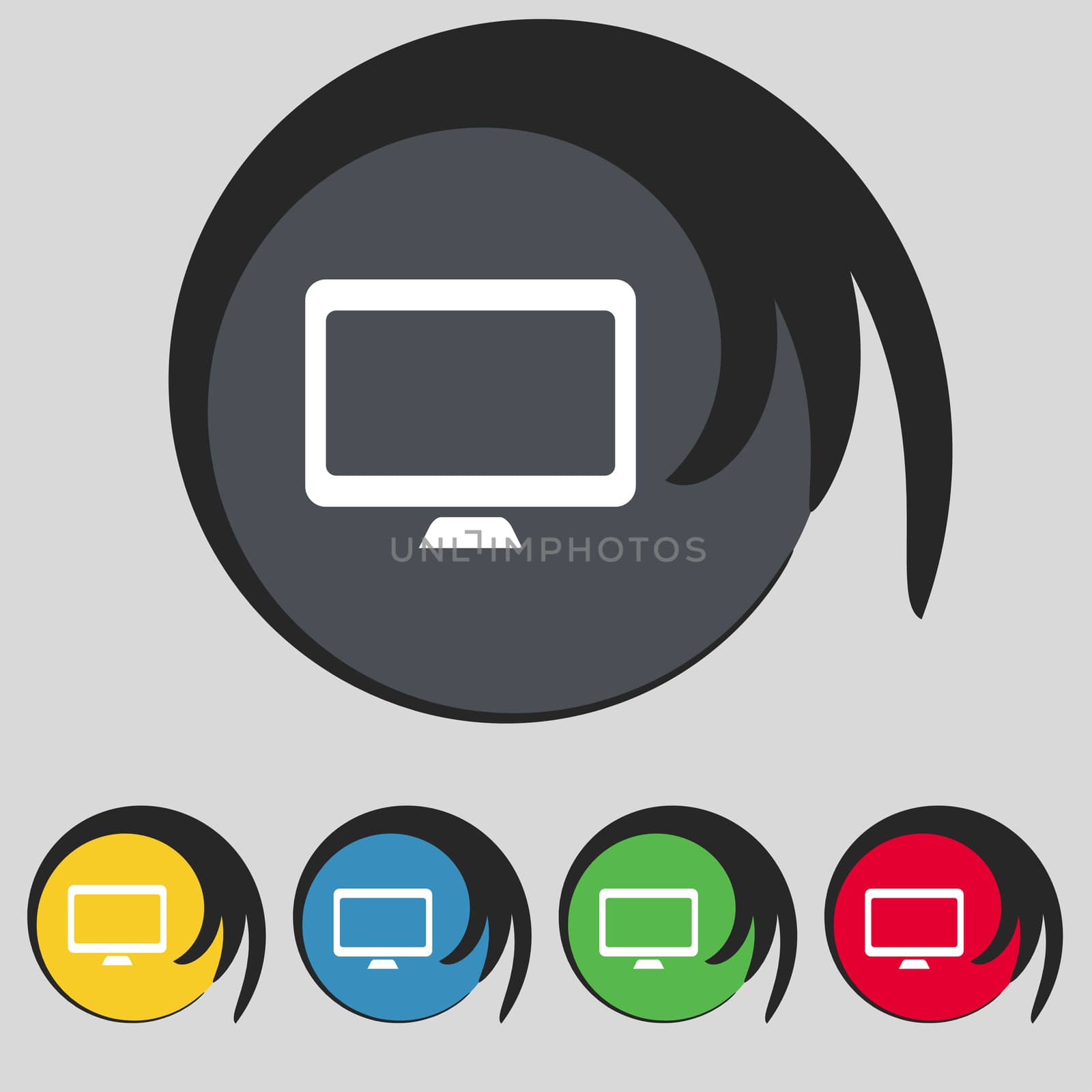 Computer widescreen monitor icon sign. Symbol on five colored buttons. illustration