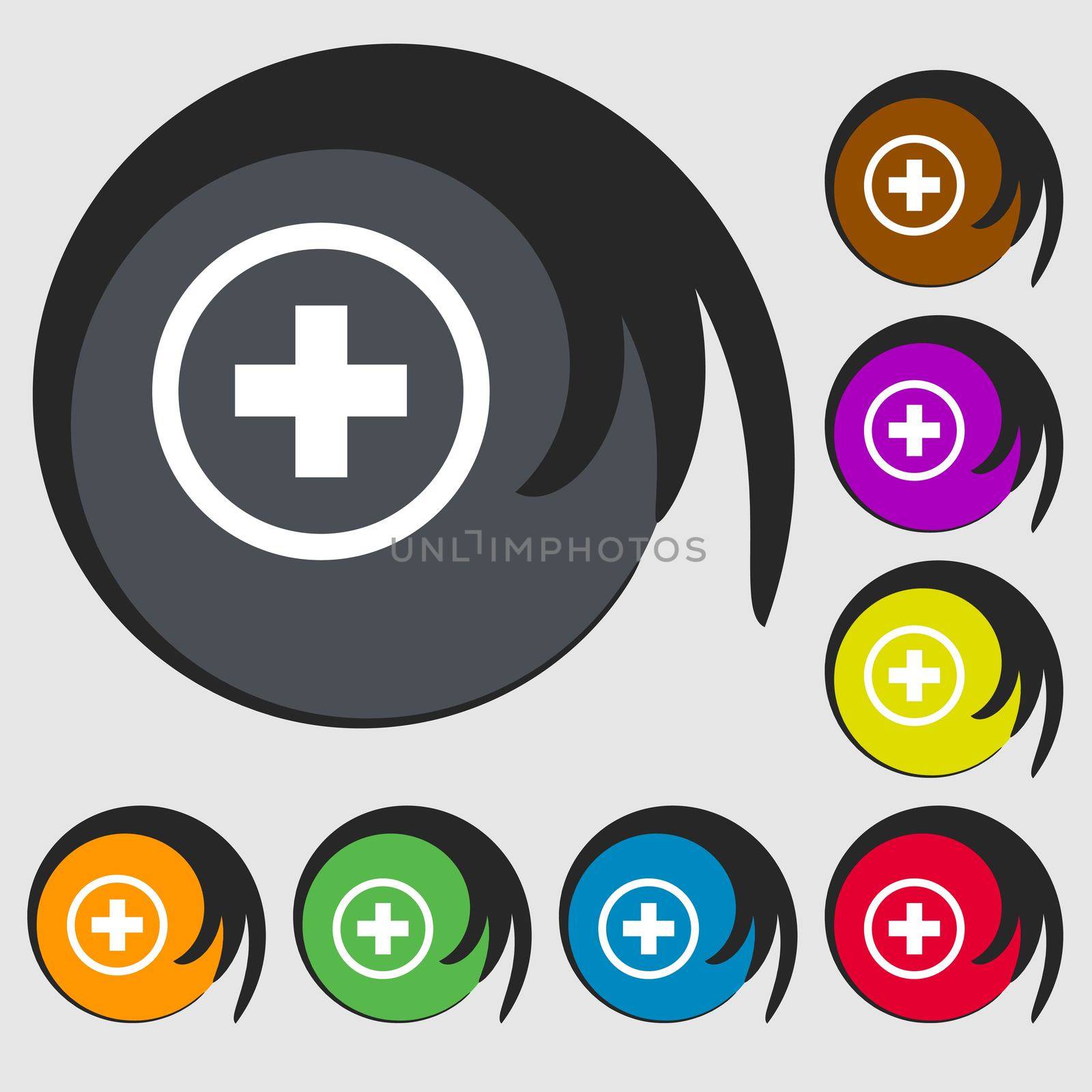 Plus, Positive, zoom icon sign. Symbols on eight colored buttons.  by serhii_lohvyniuk