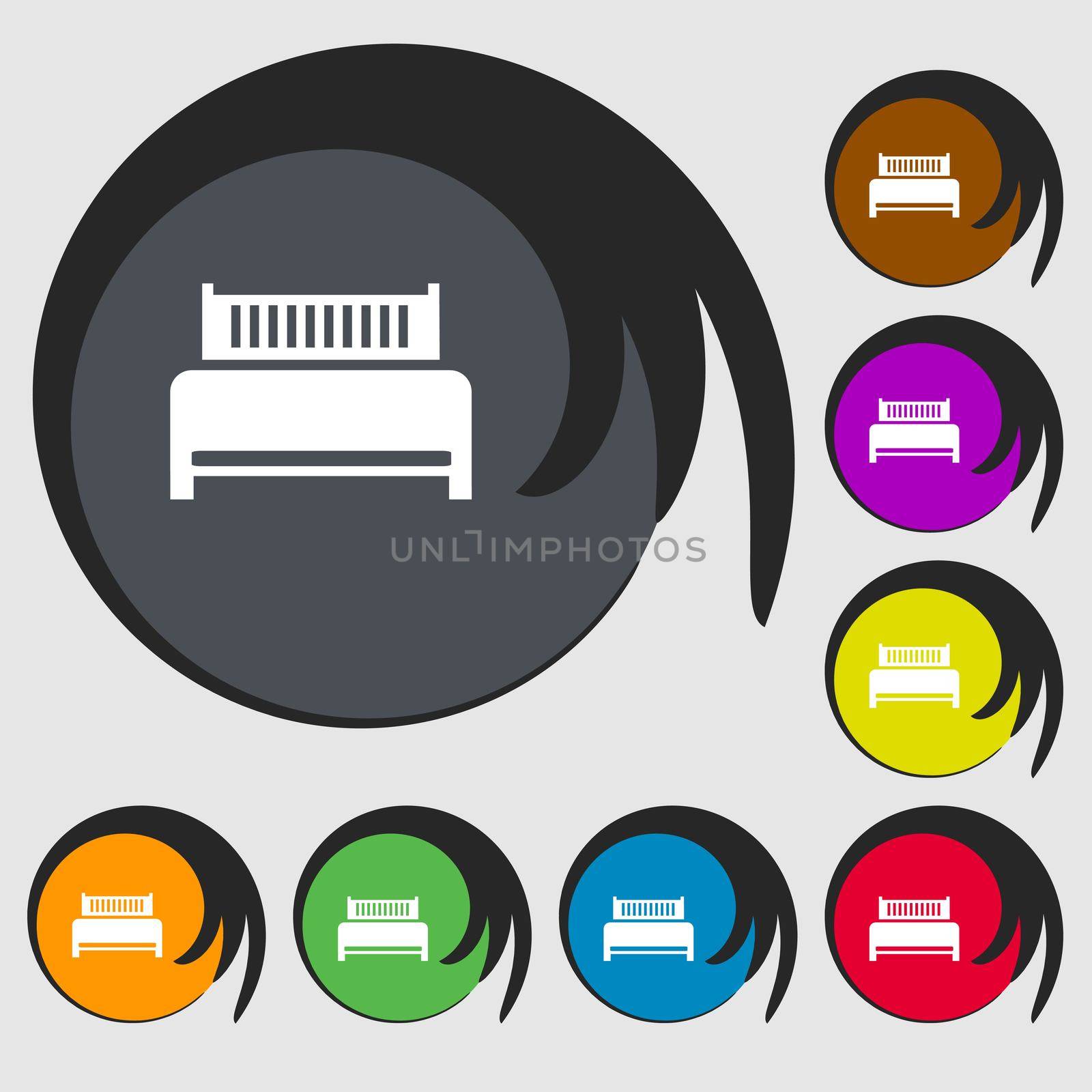 Hotel, bed icon sign. Symbols on eight colored buttons.  by serhii_lohvyniuk