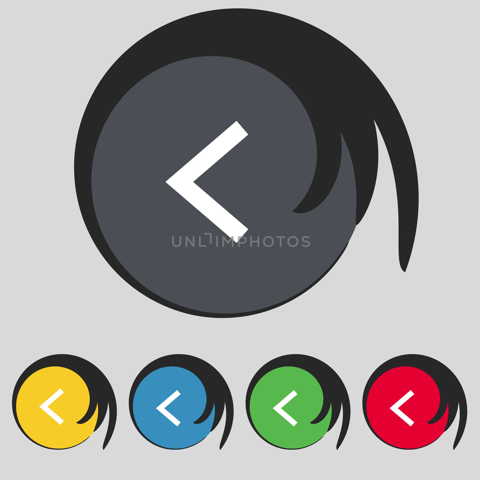Arrow left, Way out icon sign. Symbol on five colored buttons.  by serhii_lohvyniuk