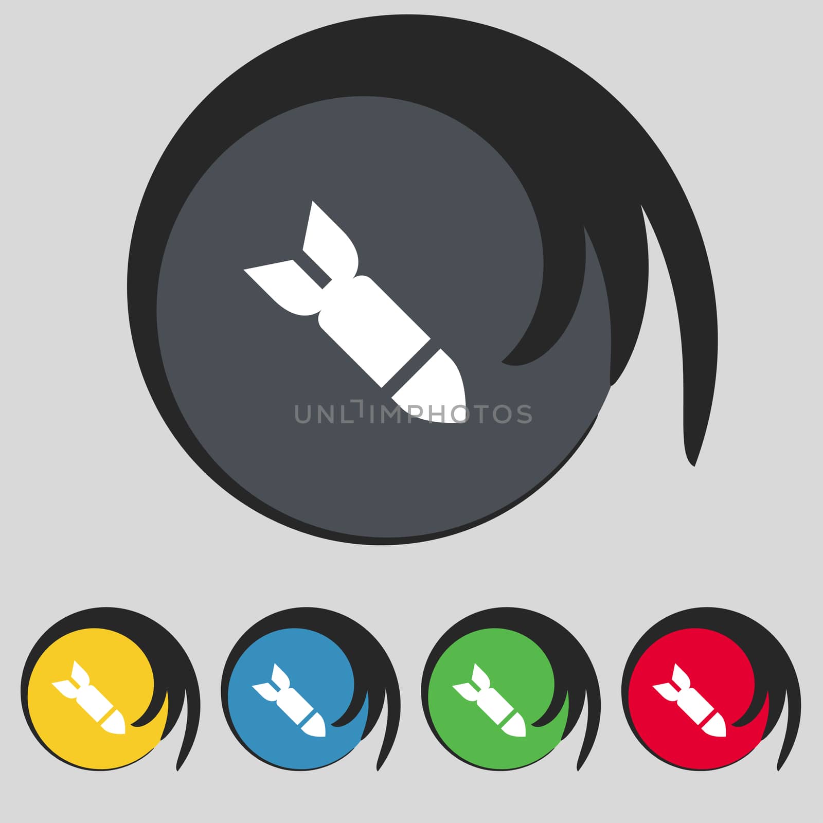 Missile,Rocket weapon icon sign. Symbol on five colored buttons. illustration