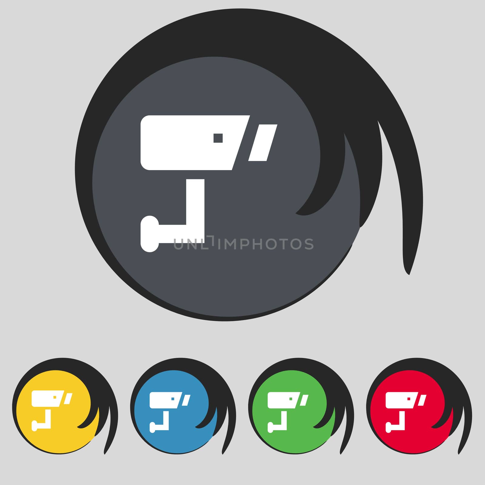 Surveillance Camera icon sign. Symbol on five colored buttons.  by serhii_lohvyniuk