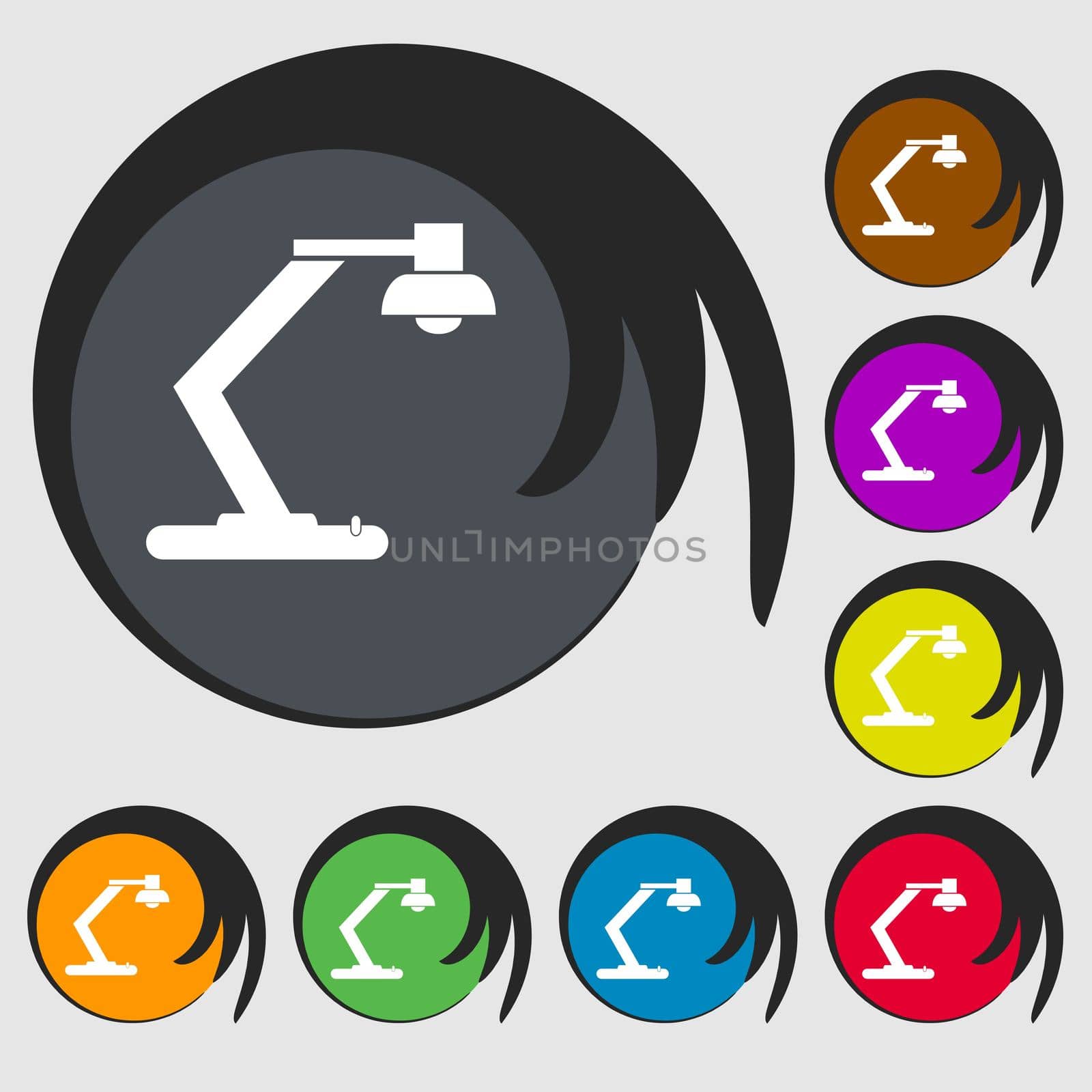 light, bulb, electricity icon sign. Symbols on eight colored buttons.  by serhii_lohvyniuk