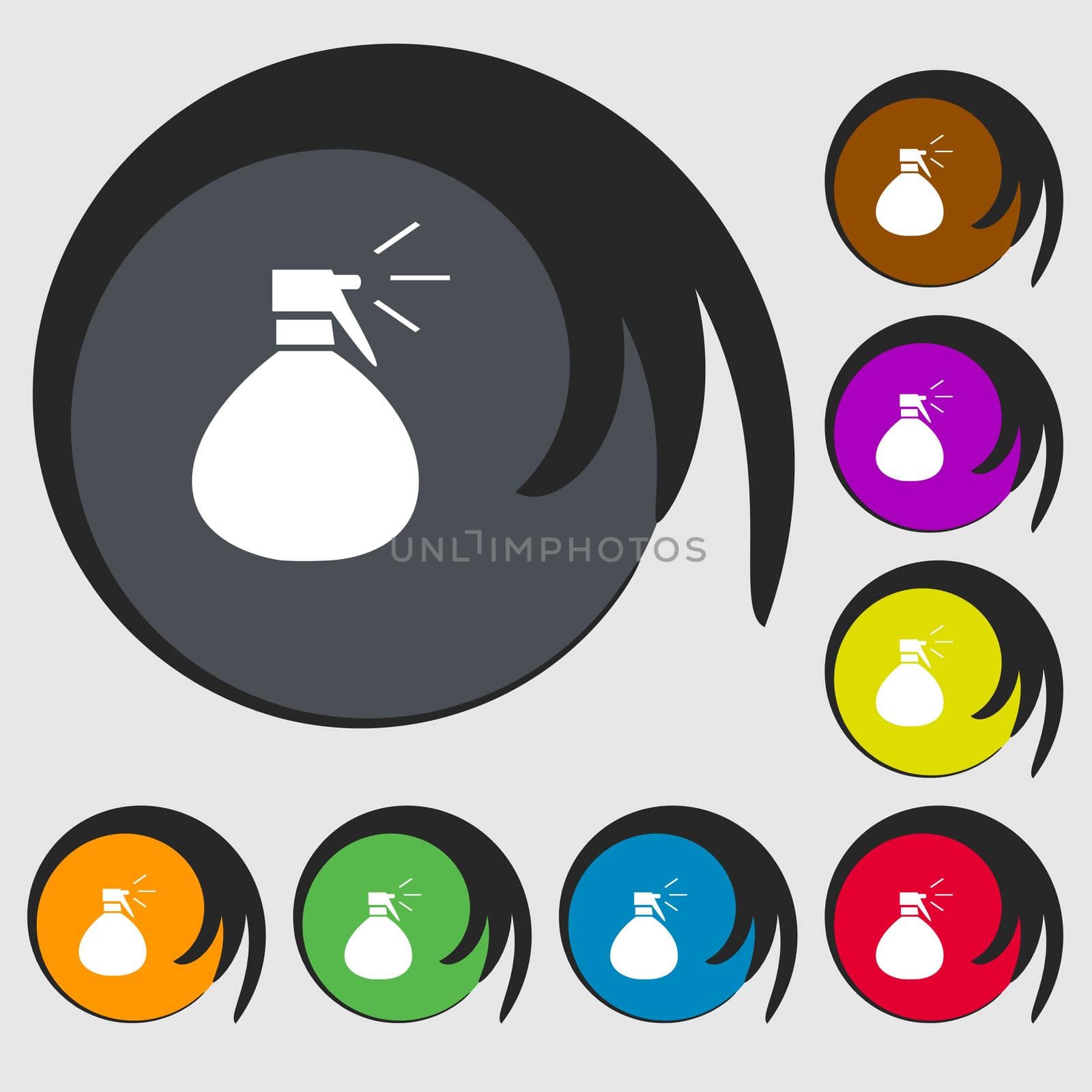 plastic spray of water icon sign. Symbols on eight colored buttons. illustration