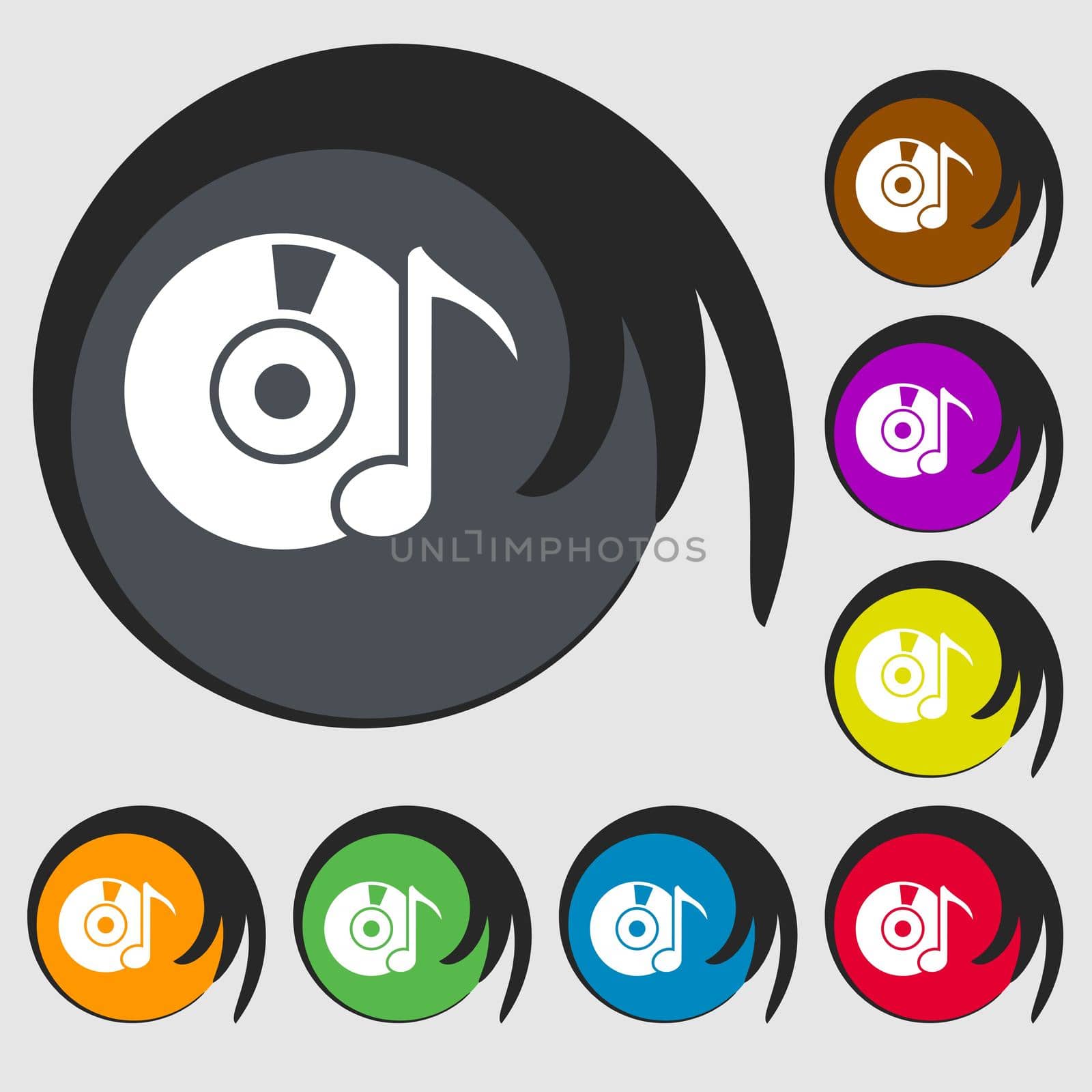 CD or DVD icon sign. Symbols on eight colored buttons.  by serhii_lohvyniuk