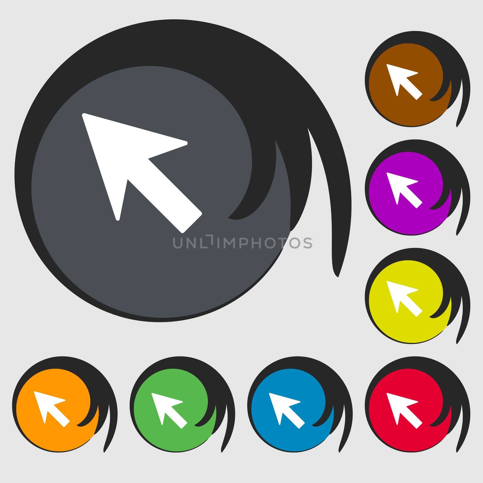 Cursor, arrow icon sign. Symbols on eight colored buttons.  by serhii_lohvyniuk