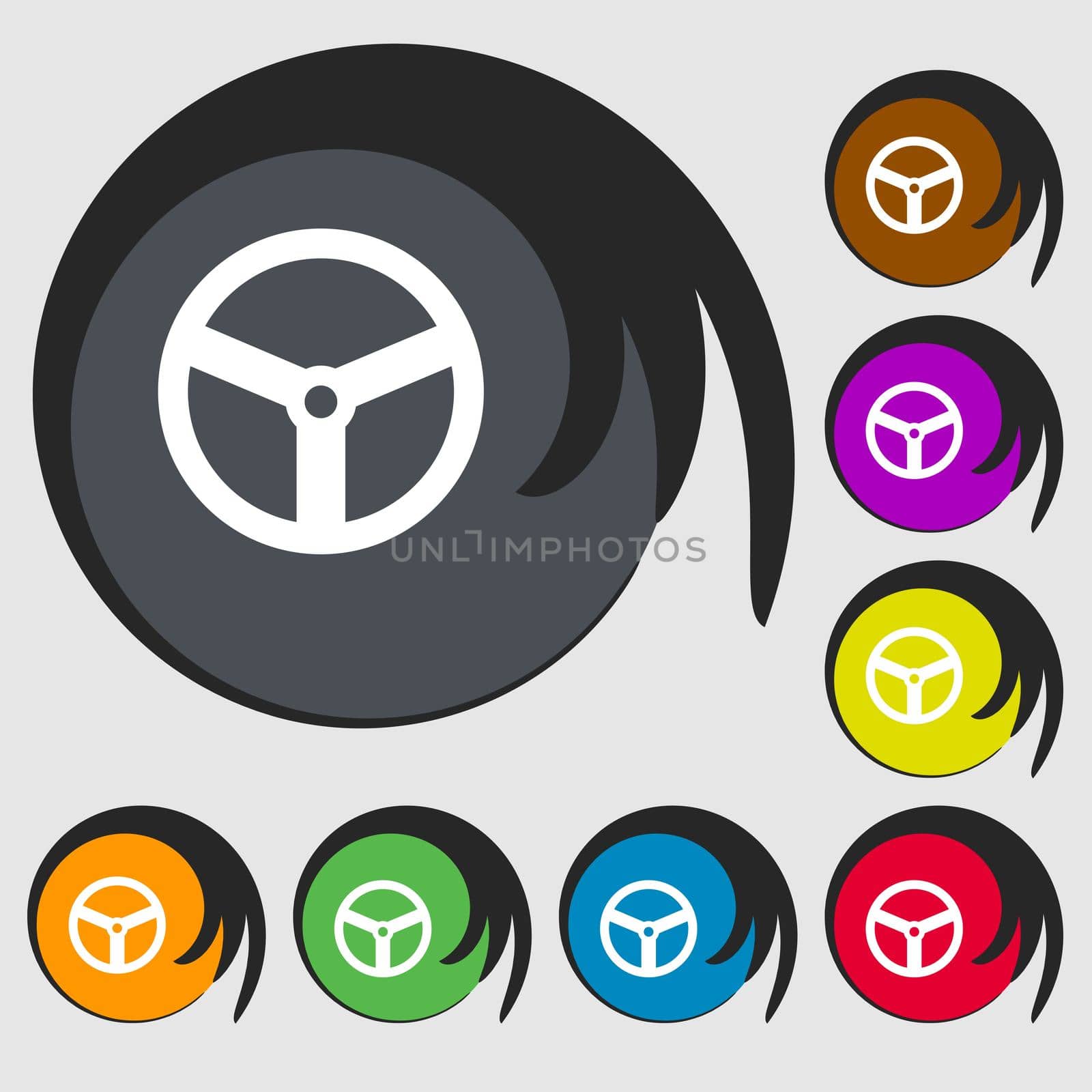 Steering wheel icon sign. Symbols on eight colored buttons. illustration