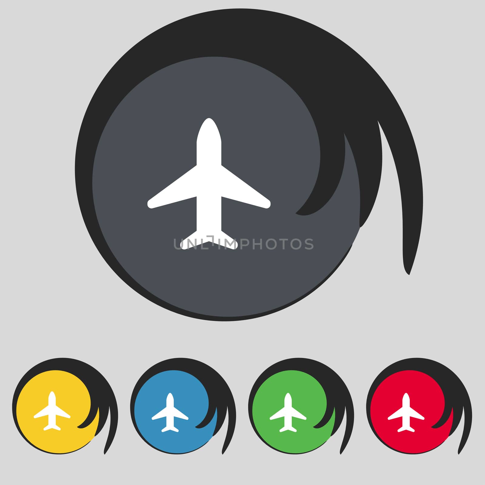 Airplane, Plane, Travel, Flight icon sign. Symbol on five colored buttons.  by serhii_lohvyniuk