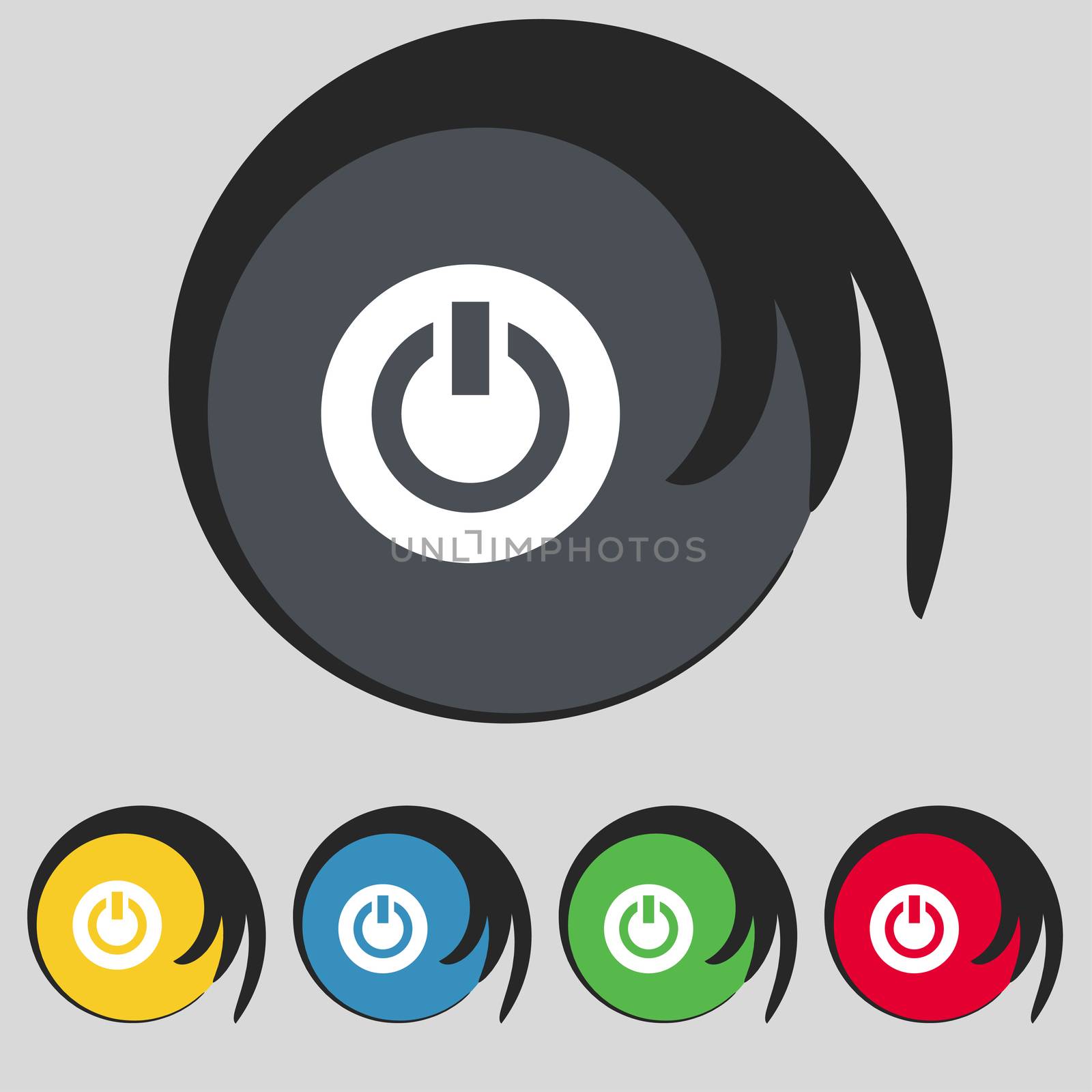 Power, Switch on, Turn on icon sign. Symbol on five colored buttons. illustration
