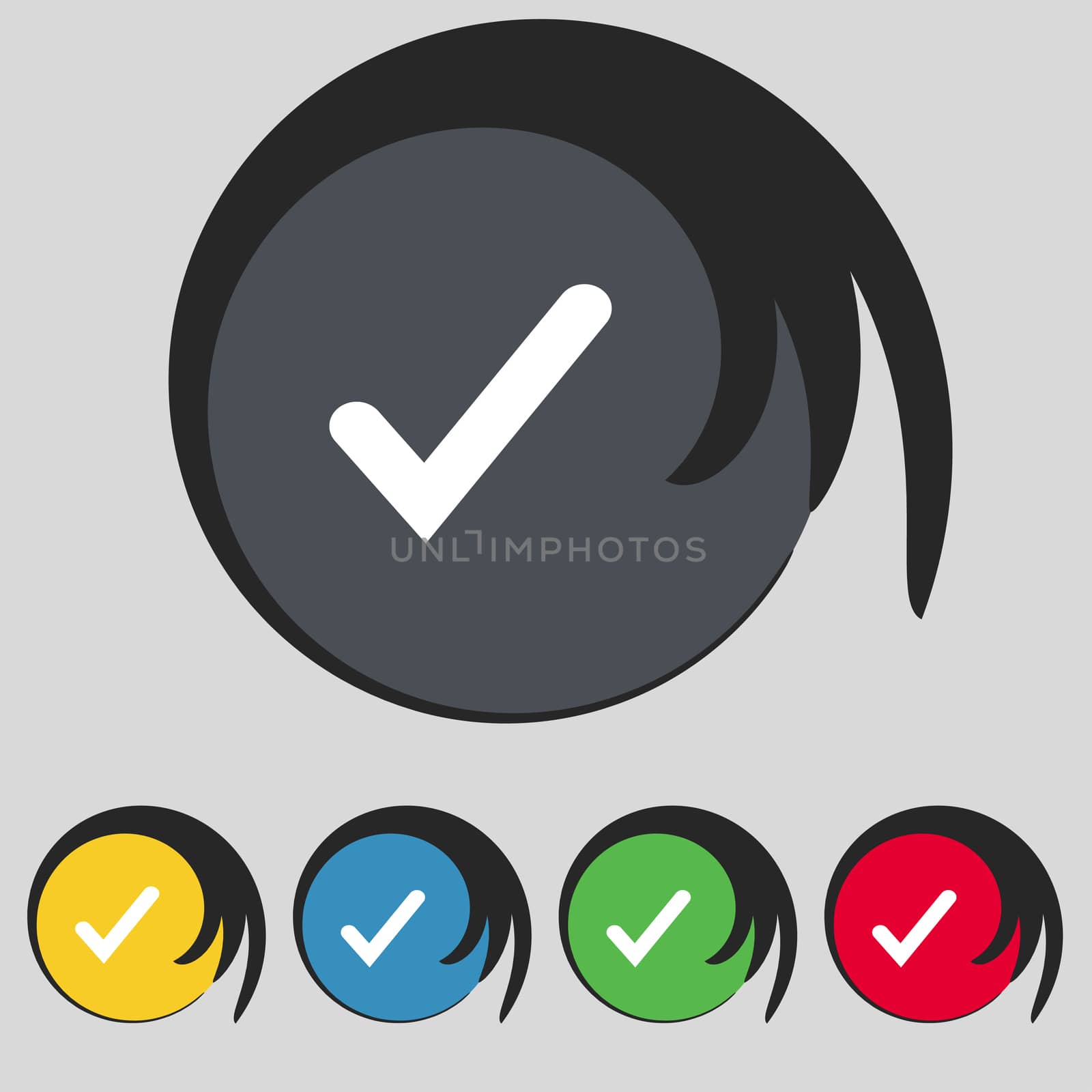 Check mark, tik icon sign. Symbol on five colored buttons. illustration