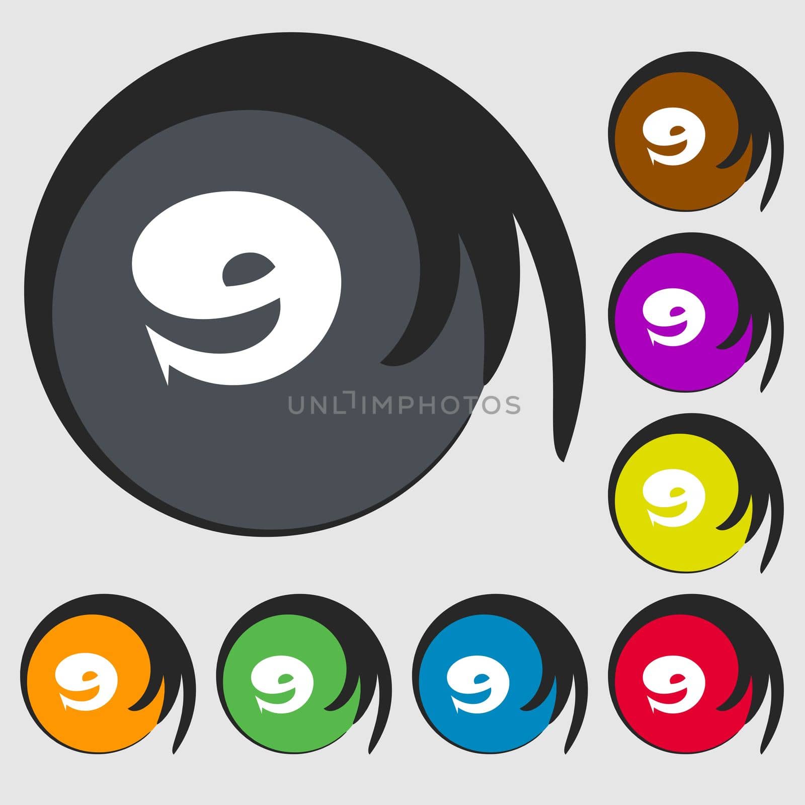 number Nine icon sign. Symbols on eight colored buttons. illustration