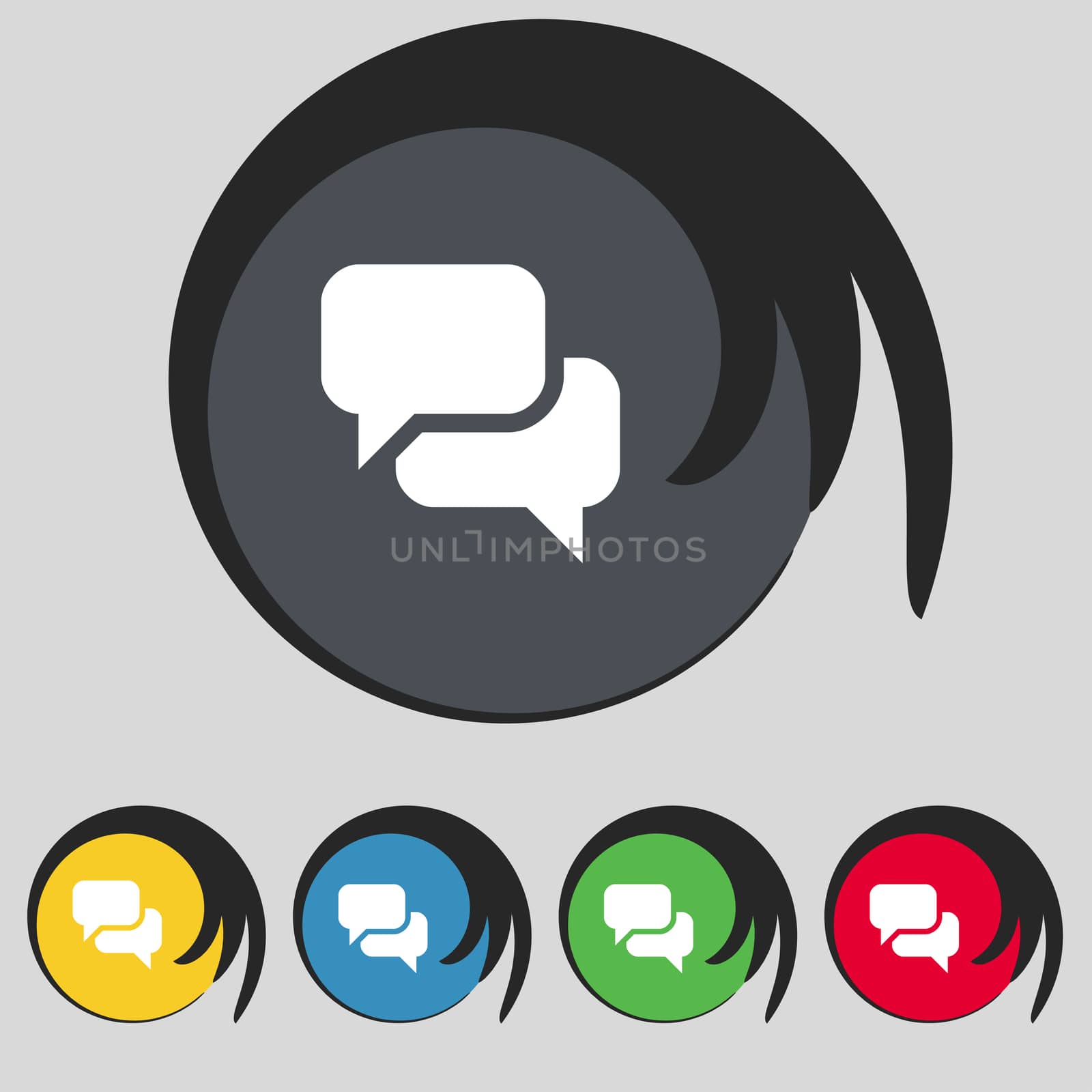Speech bubble, Think cloud icon sign. Symbol on five colored buttons.  by serhii_lohvyniuk