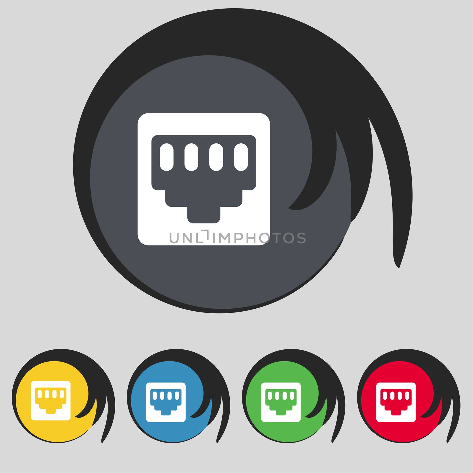 cable rj45, Patch Cord icon sign. Symbol on five colored buttons. illustration