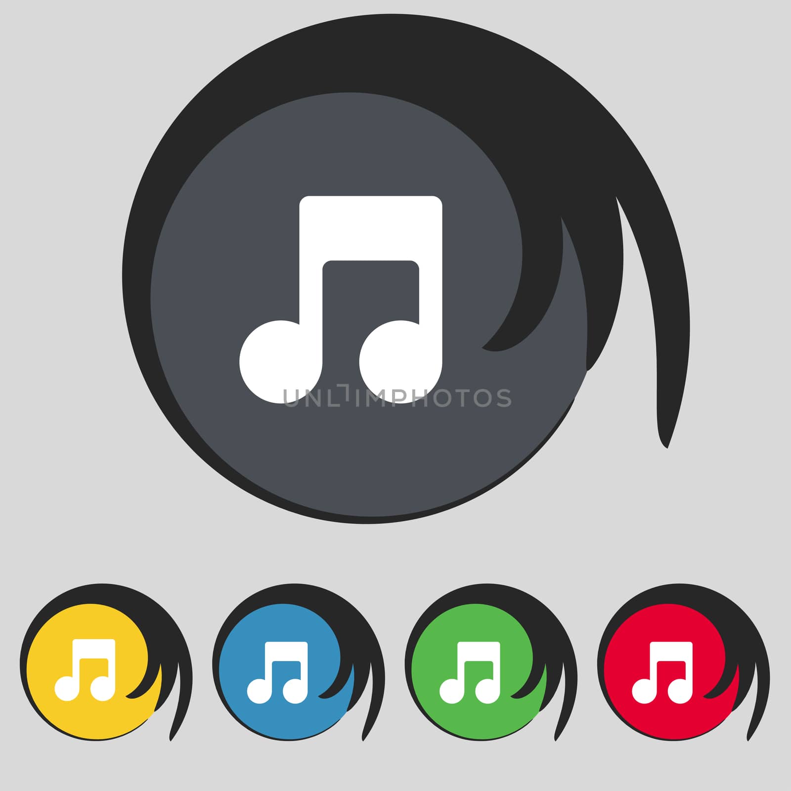 Music note icon sign. Symbol on five colored buttons.  by serhii_lohvyniuk