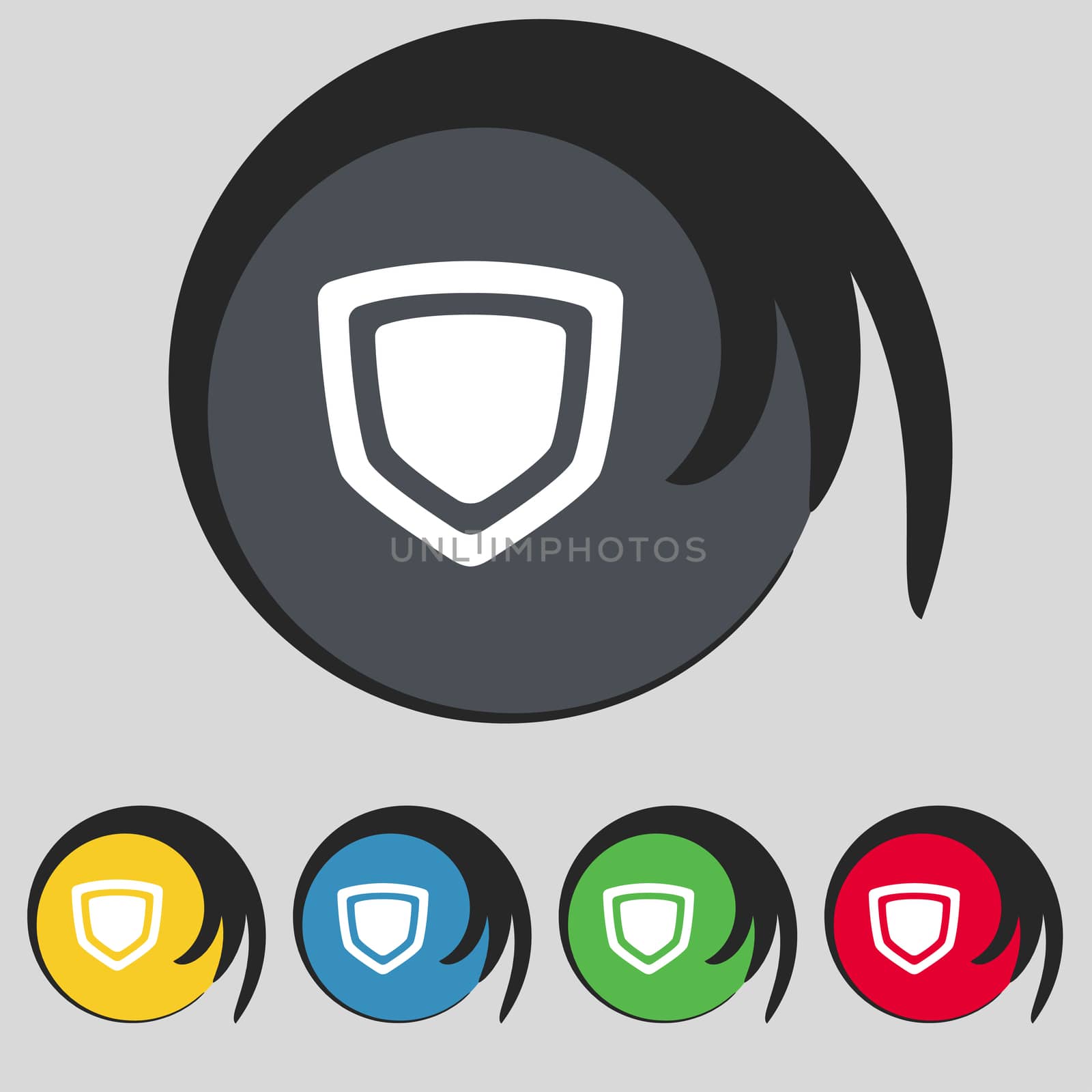 shield icon sign. Symbol on five colored buttons.  by serhii_lohvyniuk