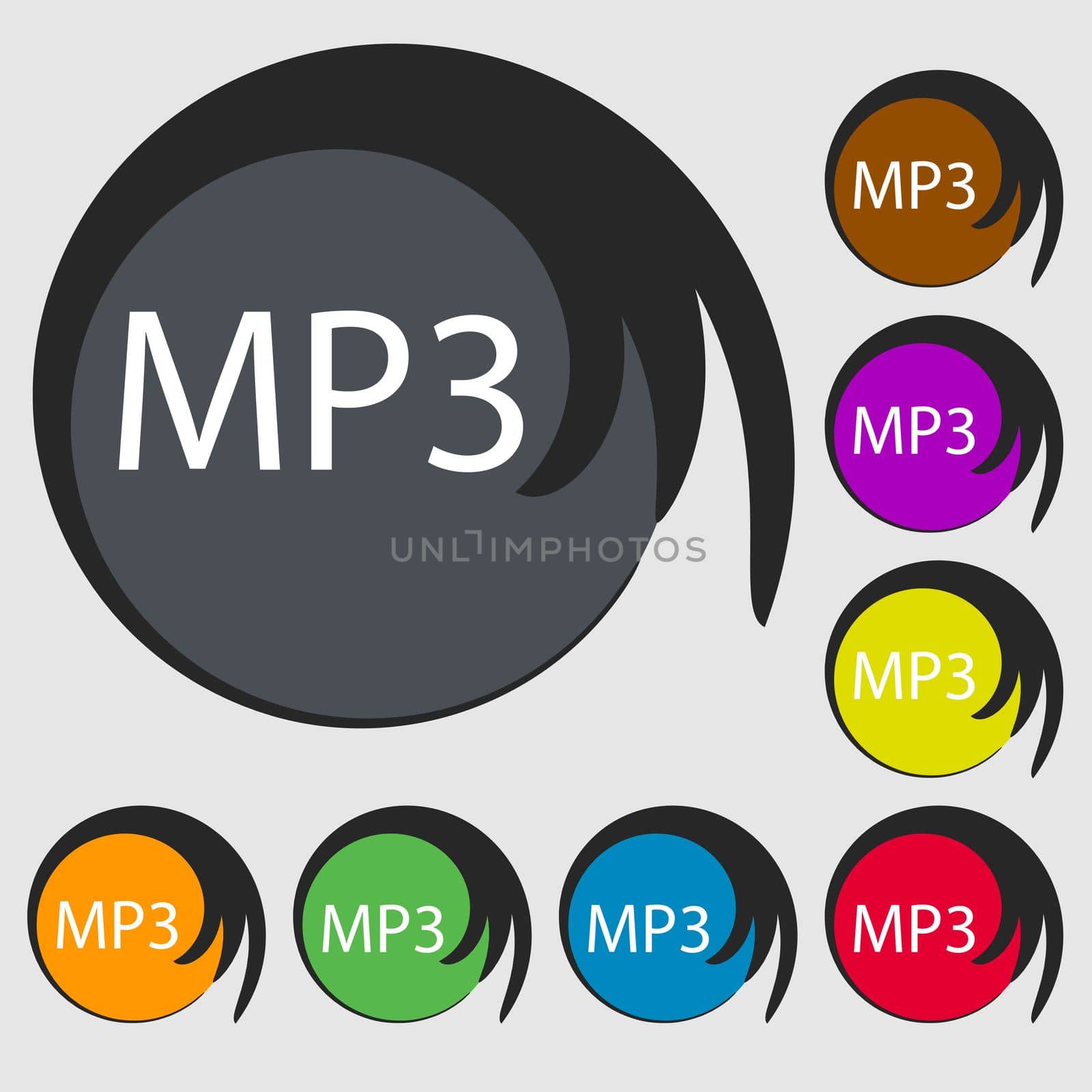 Mp3 music format sign icon. Musical symbol. Symbols on eight colored buttons.  by serhii_lohvyniuk