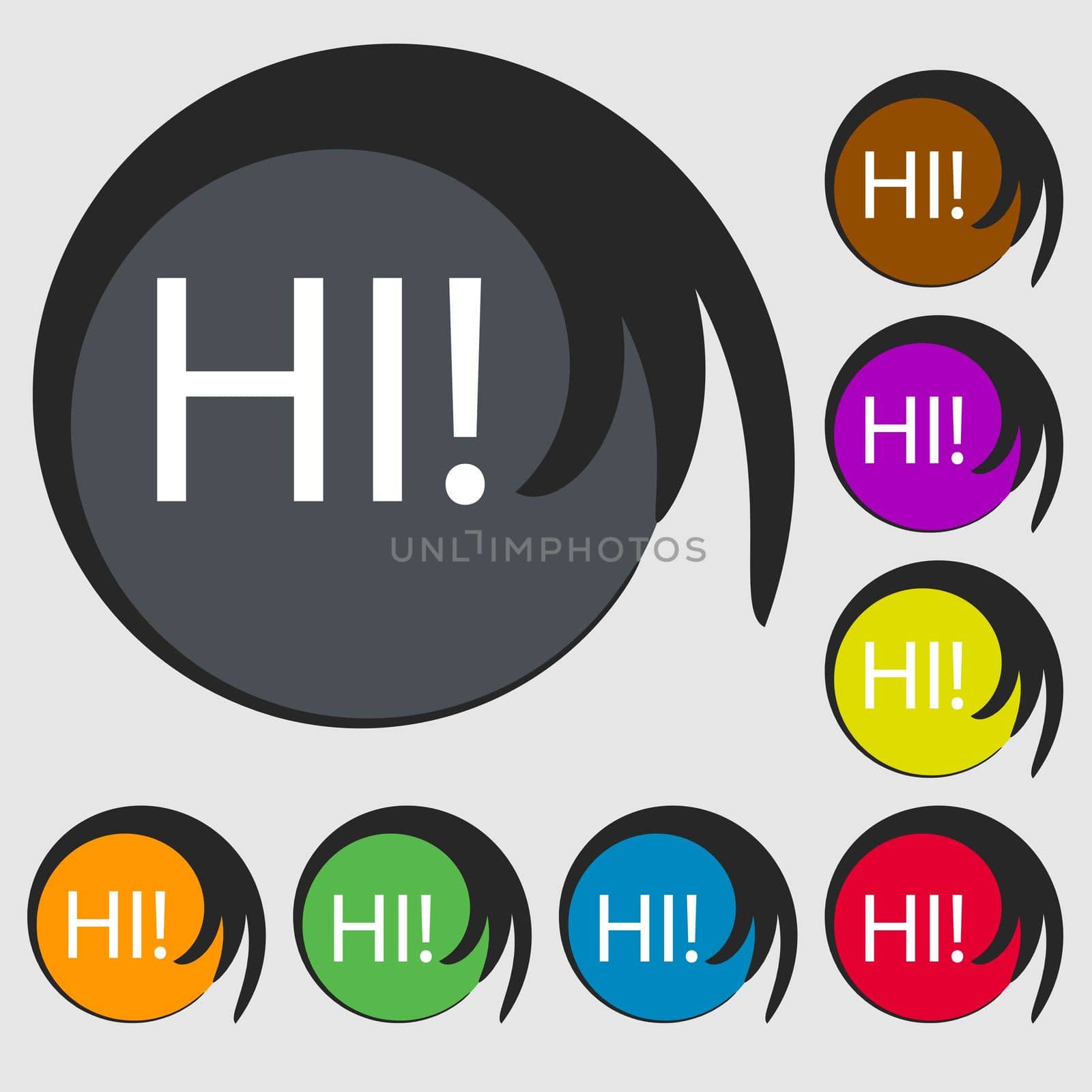 HI sign icon. India translation symbol. Symbols on eight colored buttons. illustration