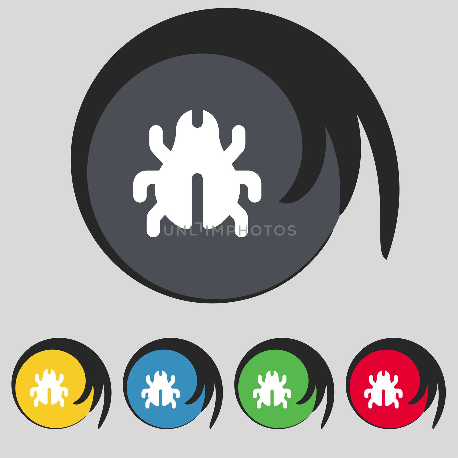 Software Bug, Virus, Disinfection, beetle icon sign. Symbol on five colored buttons.  by serhii_lohvyniuk