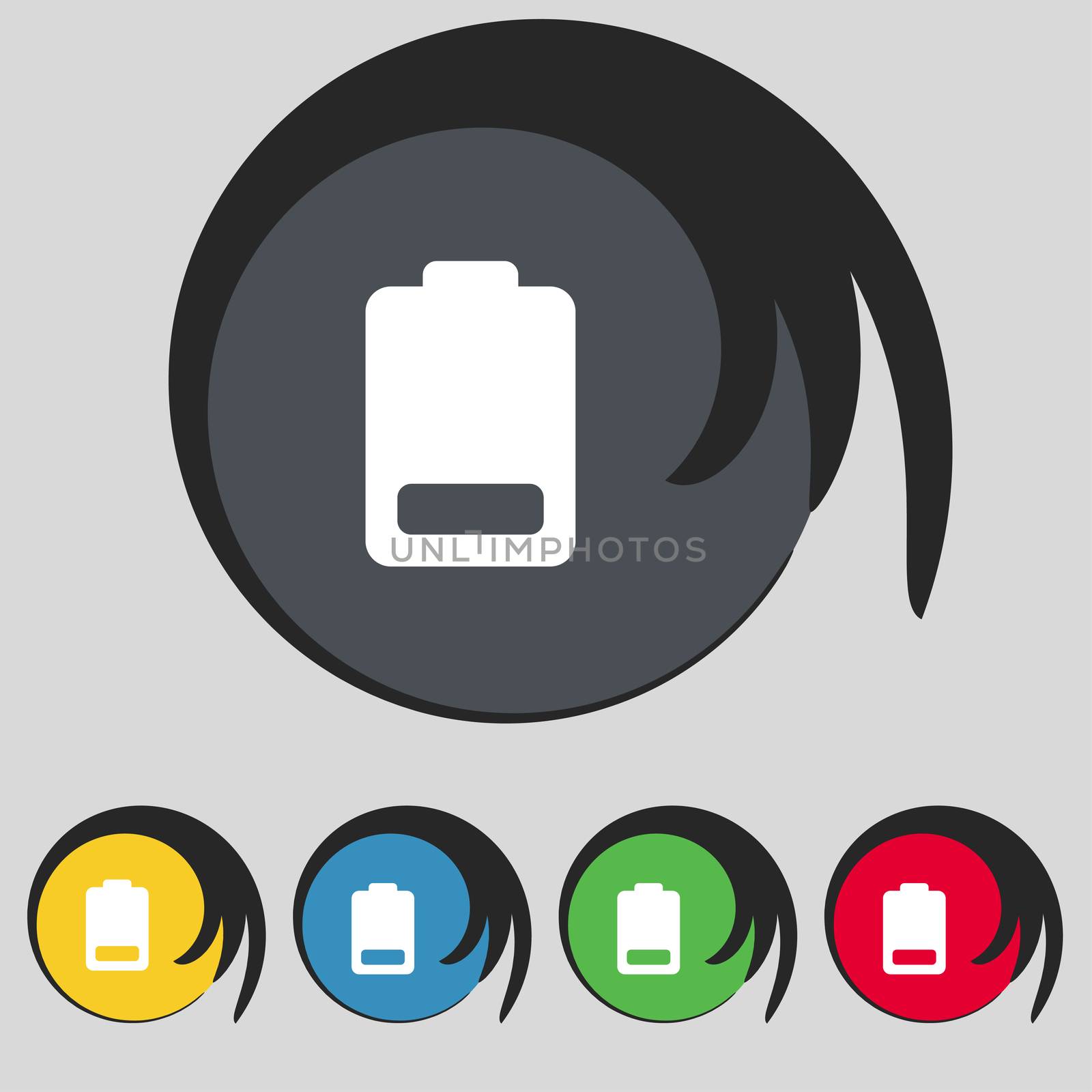 Battery low level, Electricity icon sign. Symbol on five colored buttons. illustration