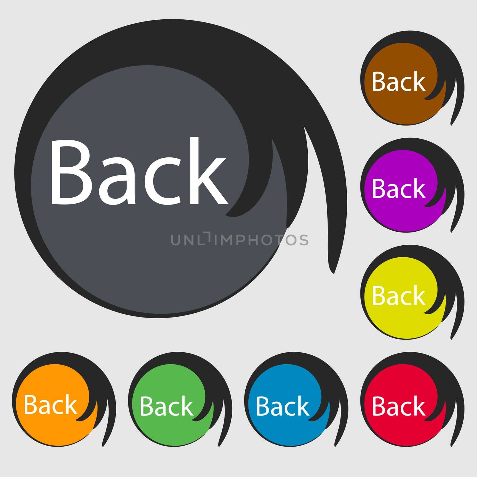 Arrow sign icon. Back button. Navigation symbo. Symbols on eight colored buttons. illustration